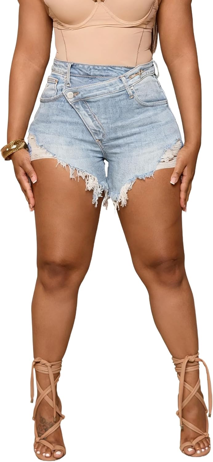 PINSV Women's High Waisted Crossover Jean Shorts Ripped Hem Raw Denim Shorts