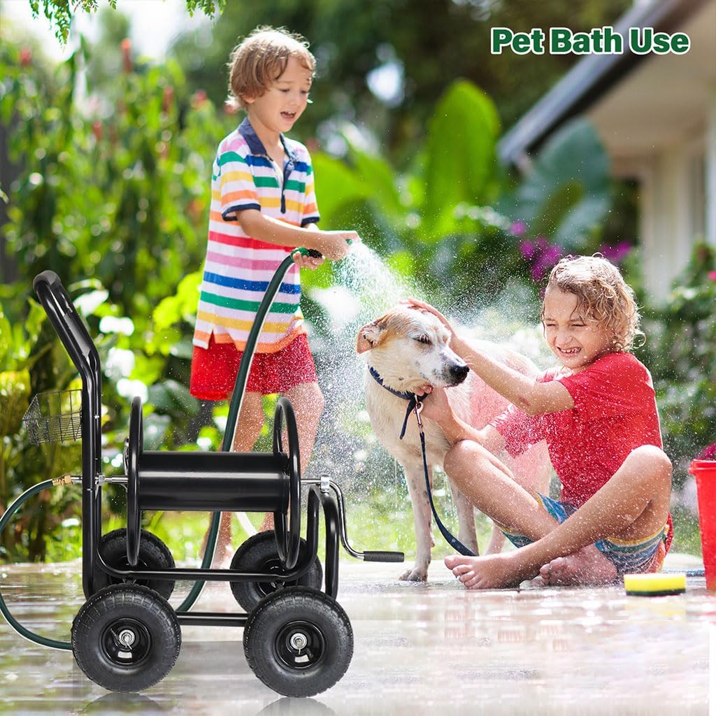 Garden Tools Hose Reel Cart, Heavy Duty Powder-Coated Steel Outdoor Planting with Storage Basket with Solid Tires Outside Portable Water Hose Organizer for Backyard, Garden, or Lawn,