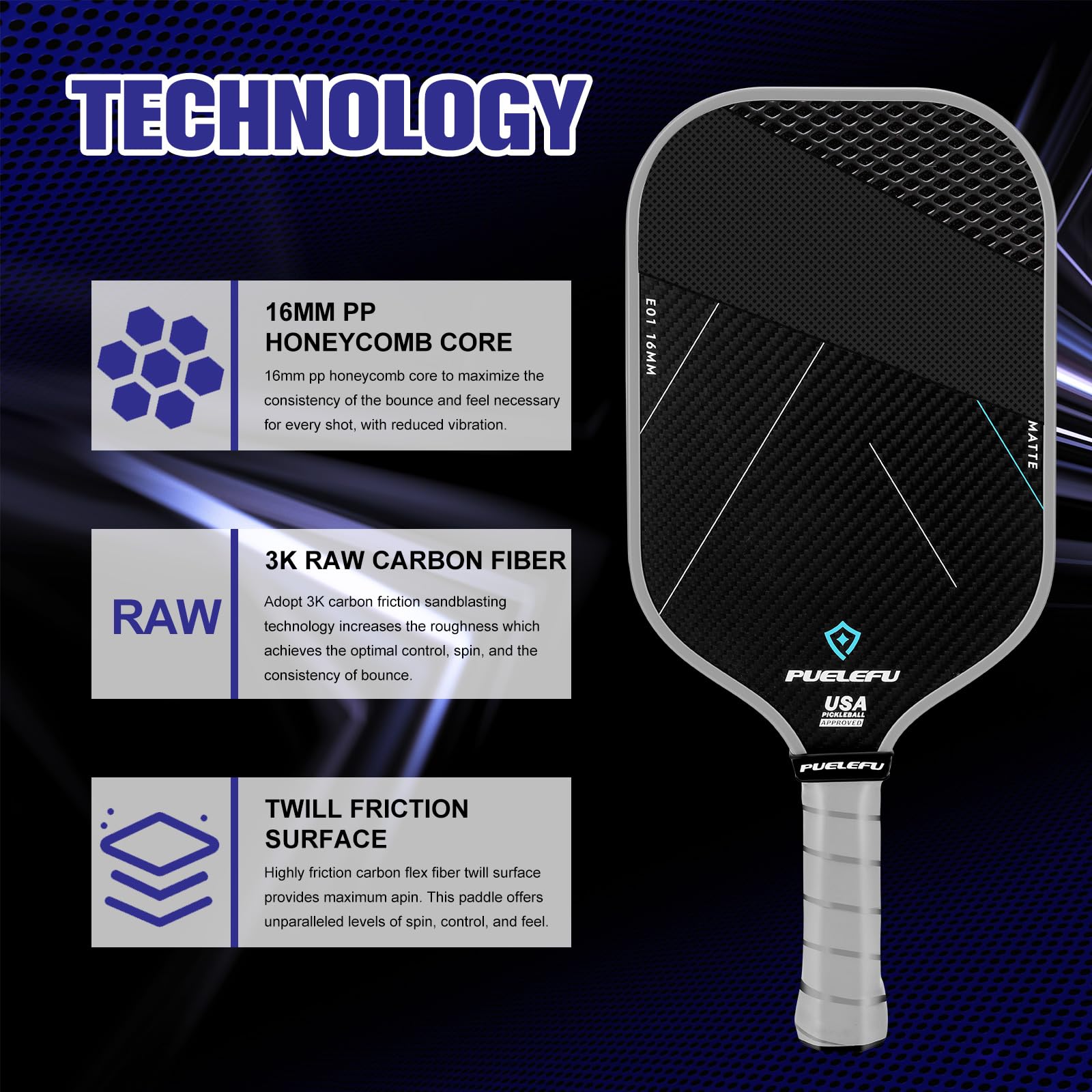 Raquette Pickleball Certifiée USAPA – Carbone Haut De Gamme CFS, Polyvalente Intérieur/Extérieur – Pagaie Pro