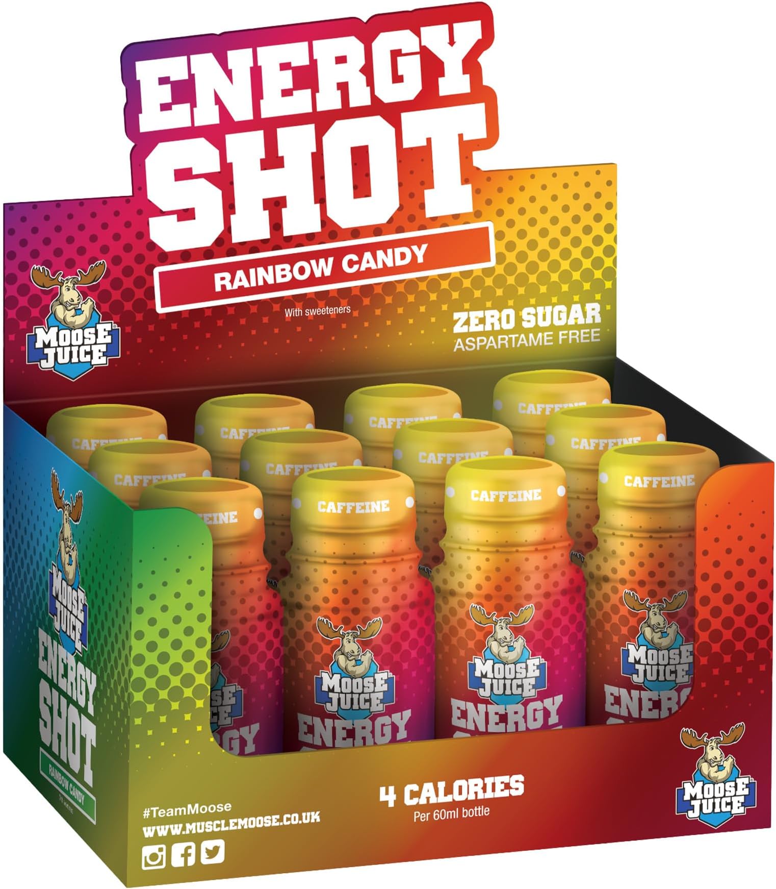 Muscle Moose Zero Sugar Energy Shots, Rainbow Candy, 12 x 60 ml