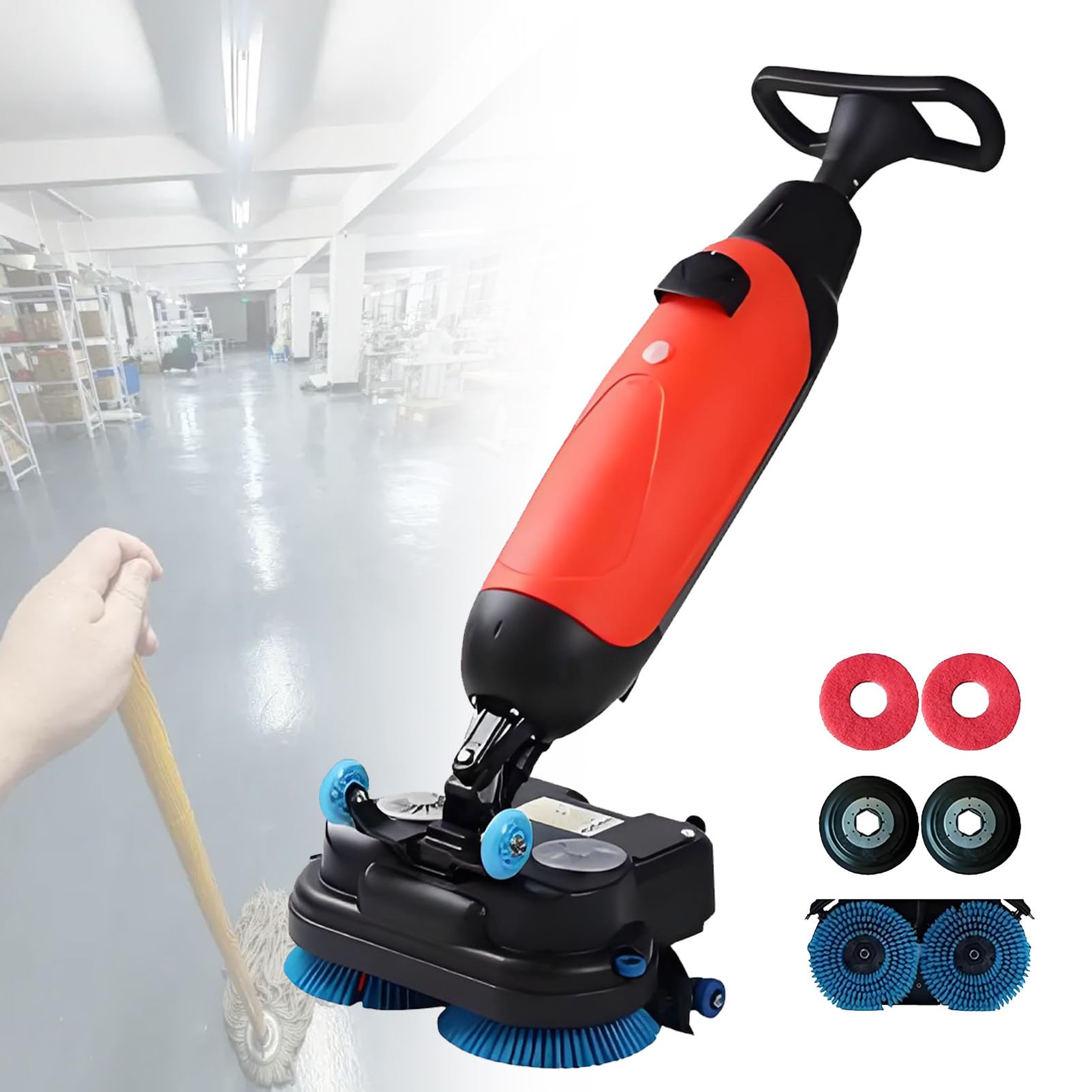 Commercial Floor Scrubber Dryer, Compact Walk Behind Commercial Floor Scrubber Dryer, Small Floor Scrubber, Cordless Rechargeable Lithium Battery, 360°Steering, for Tile and Sealed Floors. Red