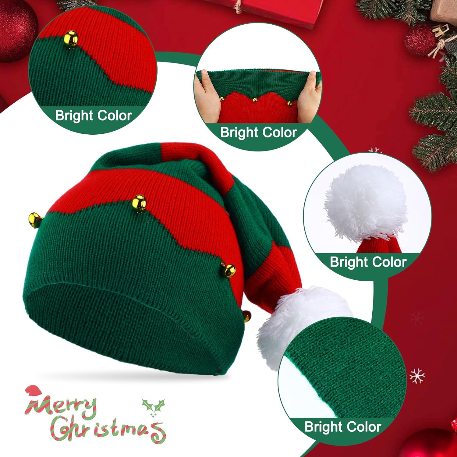 Hicarer 16 Pcs Santa Hats Bulk for Adults Christmas Knitted Elf Hats Xmas Beanie Winter Crochet Caps Santa Christmas Beanie with Pom Red and Green Skull Cap for Xmas Winter Holiday Party Supplies Gift - Image 3