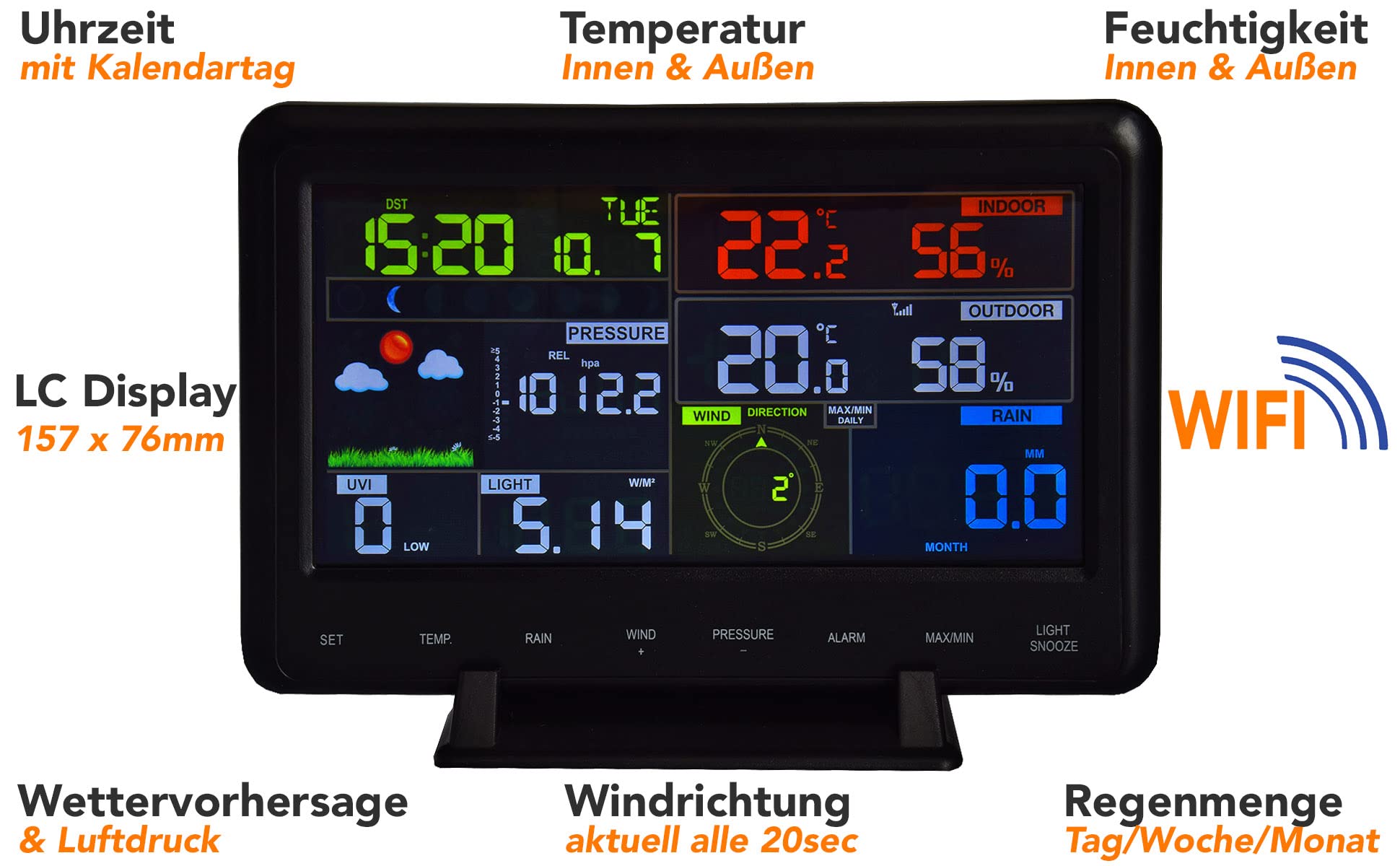 ChiliTec WLAN Wetterstation 12in1 - Temperaturanzeige Innen & Außen mit Display, Smart App, Wetterradar Funk mit Außensensor, Regenmesser