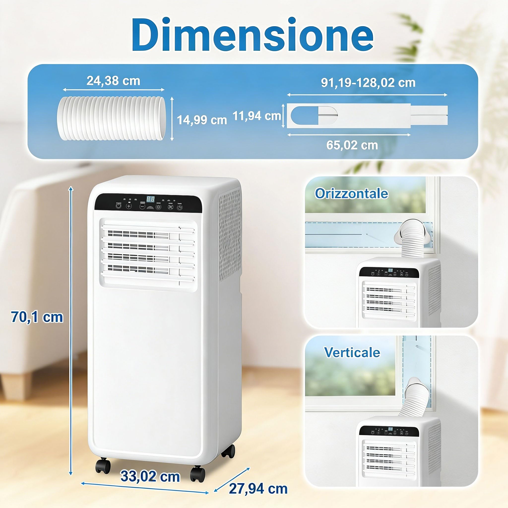 Climatizzatore portatile 9000 BTU 3-in-1 fino a 35 m²: raffreddamento, ventilazione e deumidificazione. Con telecomando, kit installazione, timer 24h e funzionamento silenzioso