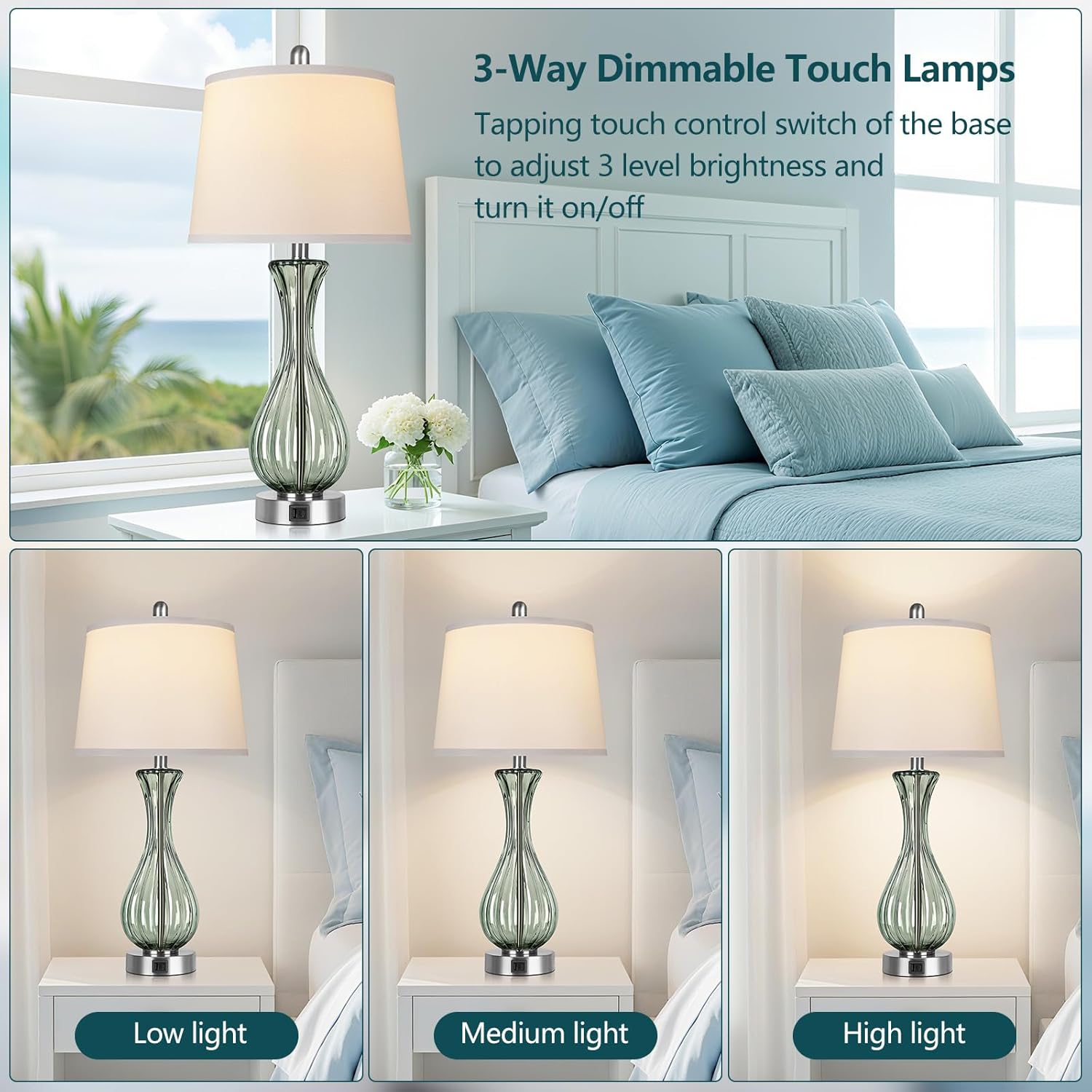 27.5" Coastal Glass Table Lamp Set of 2, 3-way Dimmable Full Touch Control Beach Lamp with USB A+C Port, Glass Nautical Bedside Lamp with White Shade for Living Room Bedroom(LED Bulbs Included)