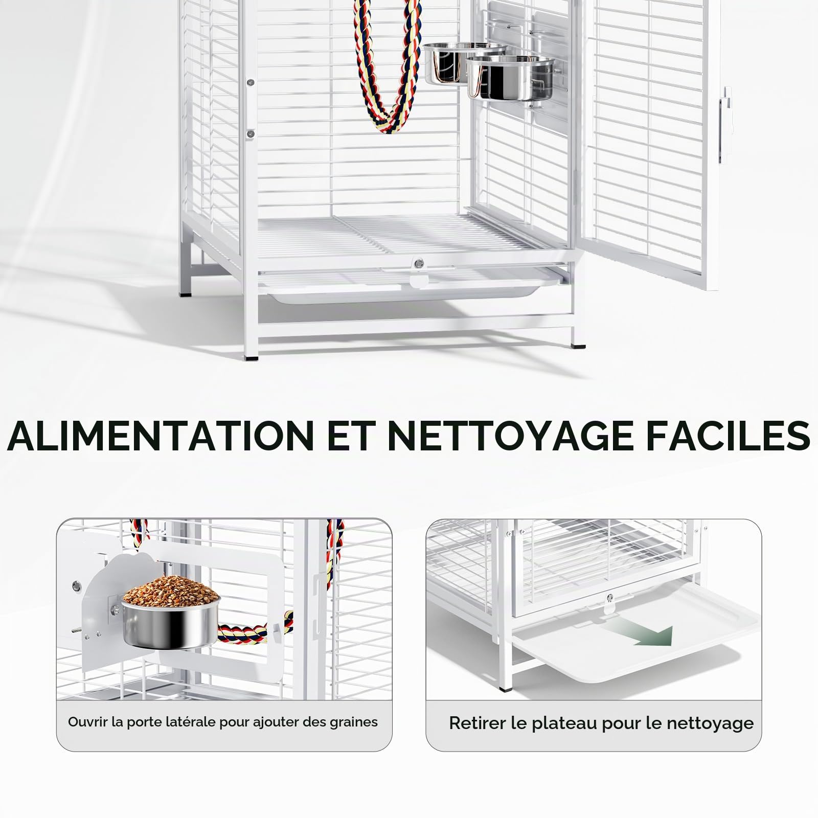 LEADZM Grande Cage à Oiseaux, Cage à perruches, nichoir avec Plateau de Nettoyage Coulissant et Verrouillage de sécurité, 65 x 48 x 37 cm Blanc