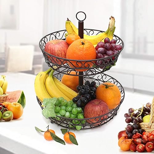 Miniatura 3 de Soporte de frutas de 2 niveles para fruta, bandeja escalonada de metal, cesta de frutas de encimera, cesta de almacenamiento de dulces para