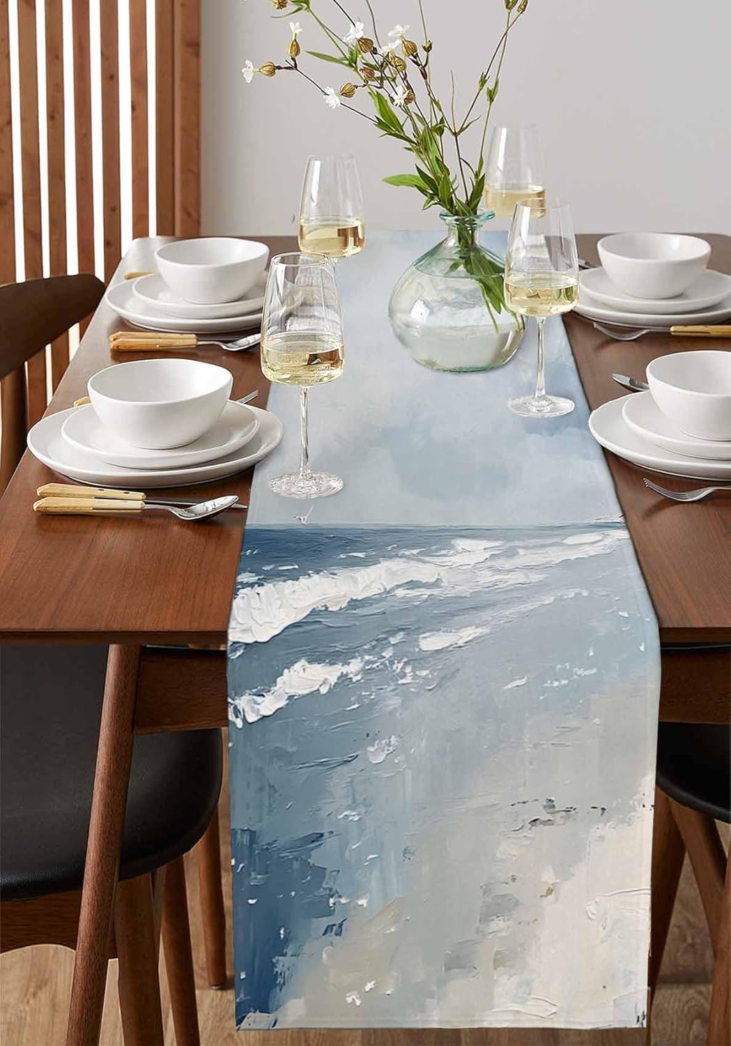 Blue Coastal Table Runner 72 Inches Long Farmhouse Dress Scarves, Seaside Summer Beach Nautical Dining Tablerunner for Coffee Table/Kitchen Island/Party Décor, 18" x 72"