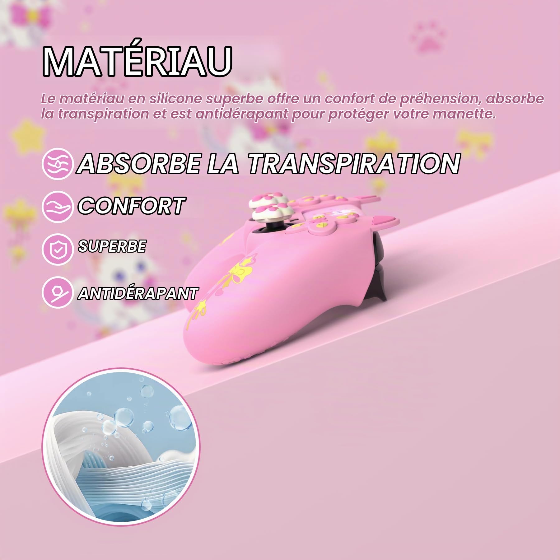 PlayVital Coque Manette pour ps5 Compatible avec Station de Charge avec 6 Capuchons Joystick & Autocollants,Houss de Protection Silicone Antidérapant-Rose,Design Sweetheart Kitty