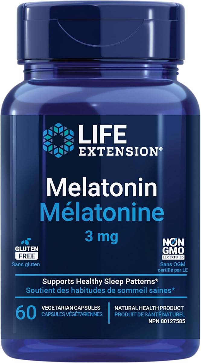 Life Extension Melatonin, 3 mg, optimal sleep support, sleep/wake cycles, gluten-free, non-GMO, vegetarian, 60 capsules