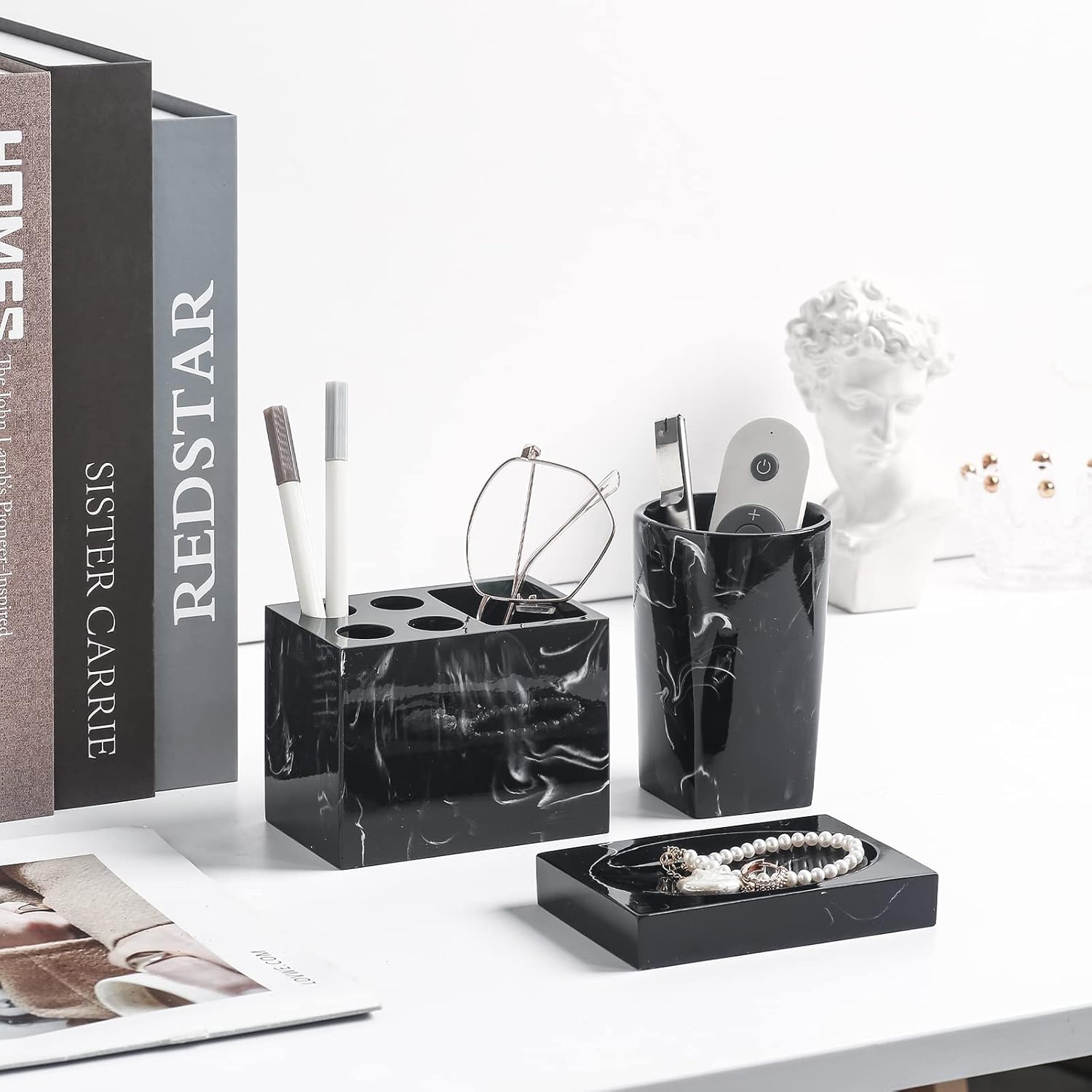 5-Piece Bathroom Counter Top Accessory Set - Dispenser for Liquid Soap or Lotion, Soap Dish, Toothbrush Holder and 2 Tumblers, Marble Pattern Resin (Ink Black)