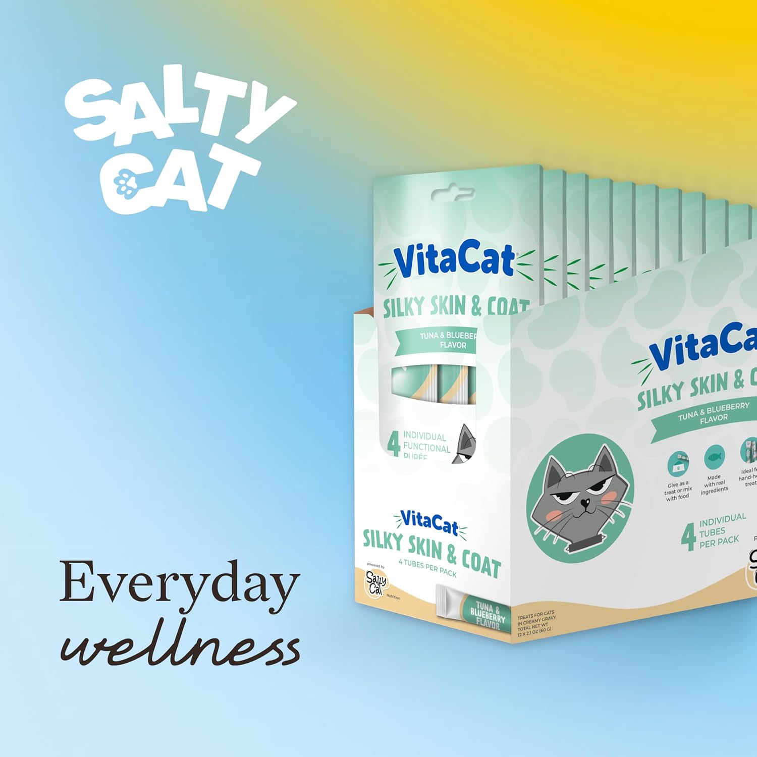 Salty Cat VitaCat Silky Skin & Coat Natural Tuna & Blueberry Functional Tube Treats for Cats (12 Pack)