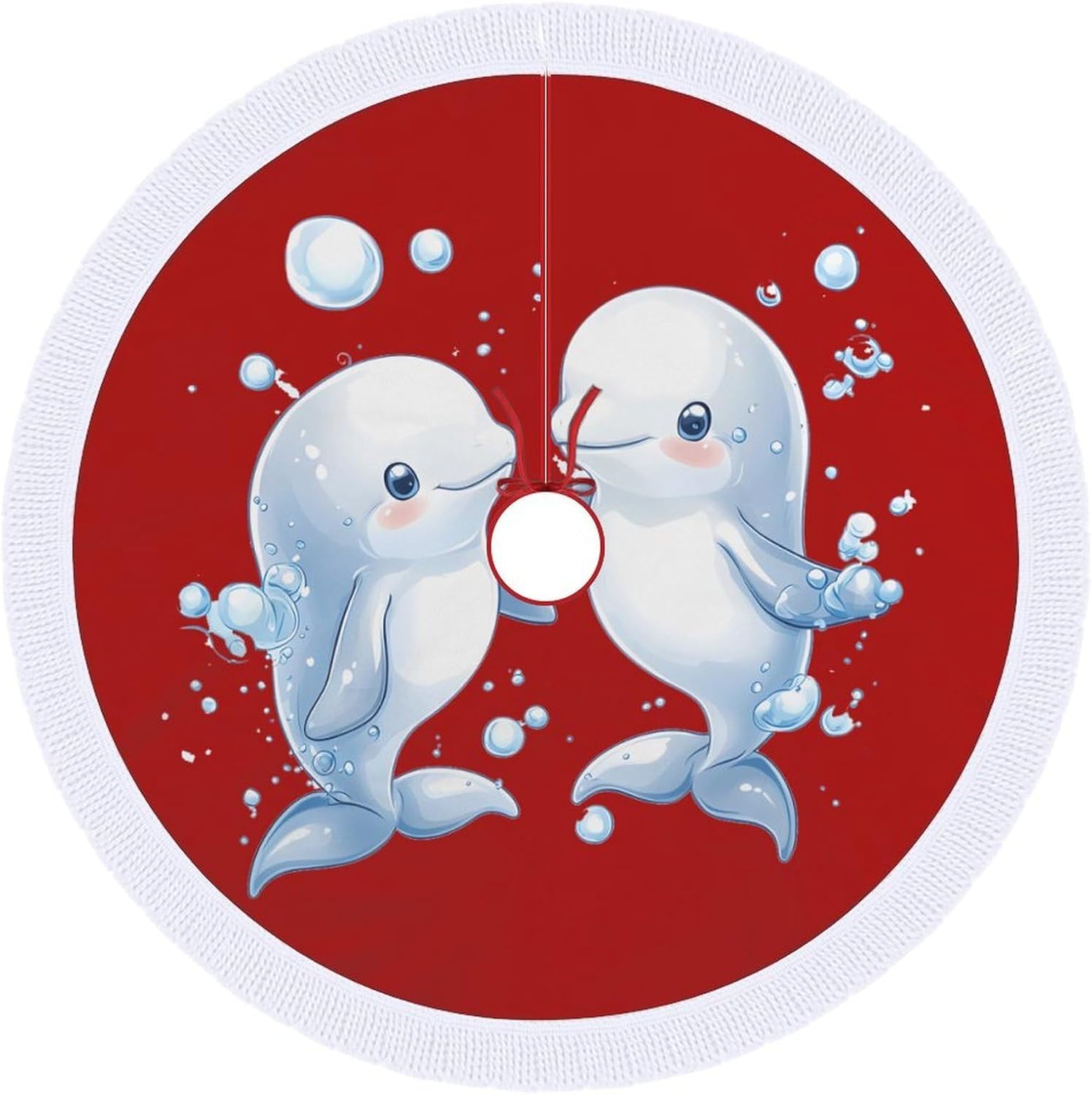 Cute Beluga Whale Couples Christmas Tree Skirt Round Xmas Tree Mat Ornaments Tree Skirts with Tassels for Holiday Party
