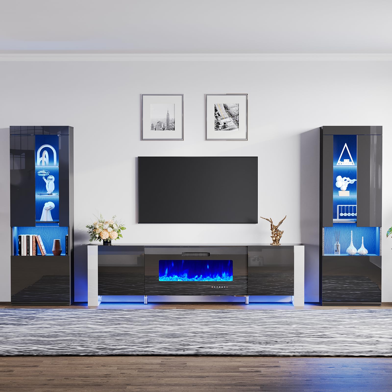 AMERLIFE 70" Modern Fireplace TV Stand with 36" Electric Fireplace & 2 Large Storage LED Bookcases, 3 Piece Living Room Entertainment Center Set for