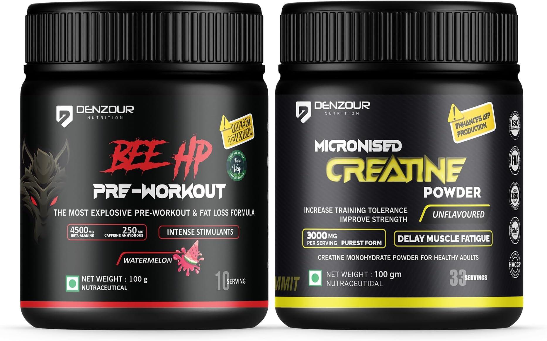 DENZOUR NUTRITION Bee-HP Pre-Workout Powder, Energy, Strength & Muscle Pump, 250mg Caffeine, 750mg Creatine Monohydrate, 4500mg Beta-Alanine, (Pre Workout_W + Creatine_100g, Watermelon)