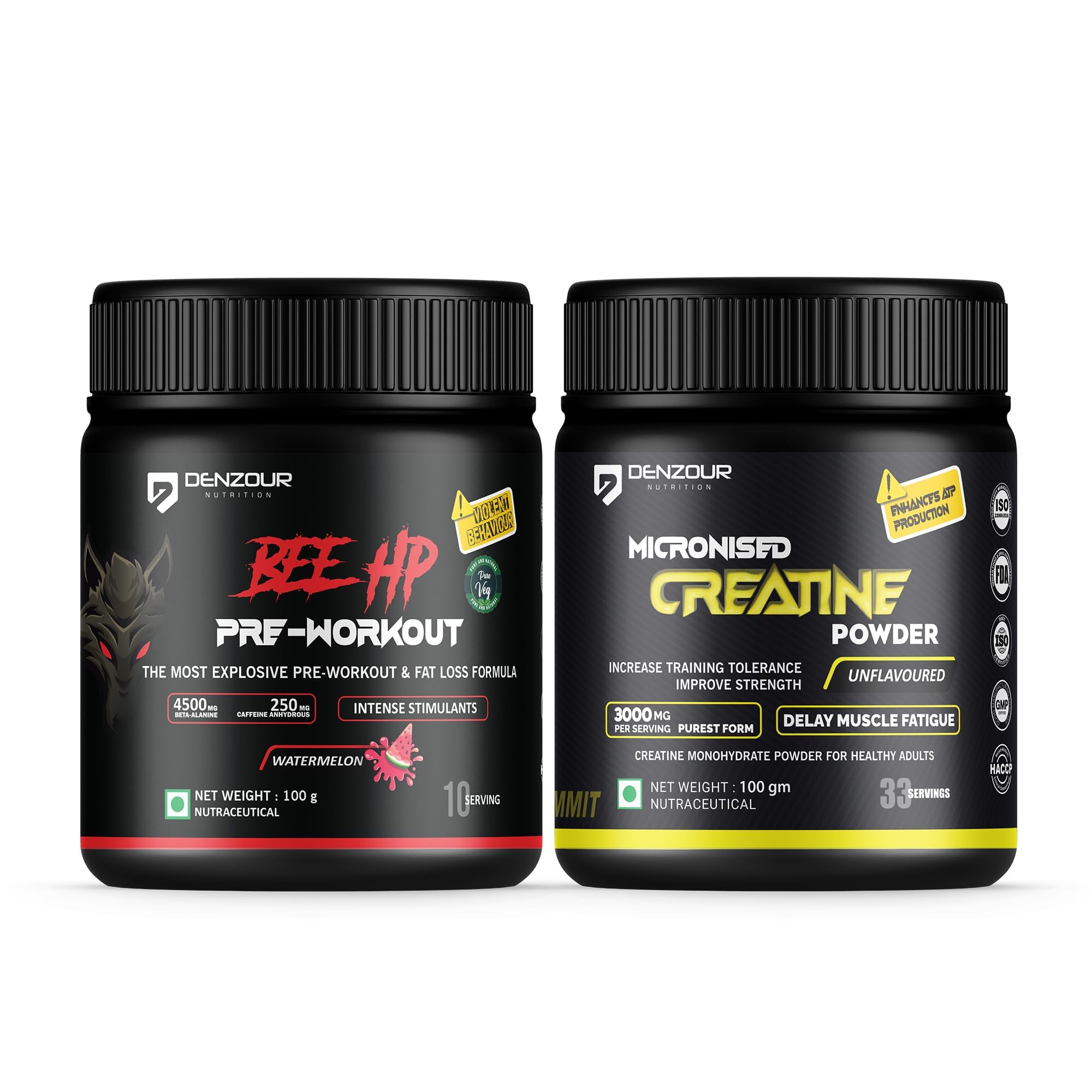 DENZOUR NUTRITION Bee-Hp Pre-Workout, Most Explosive Muscle Pump With Fat Loss Formula, 4500mg Beta-Alanine (Pre Workout_W + Creatine_100g, Watermelon, powder, 2 count, 10 Servings, 33 Servings)