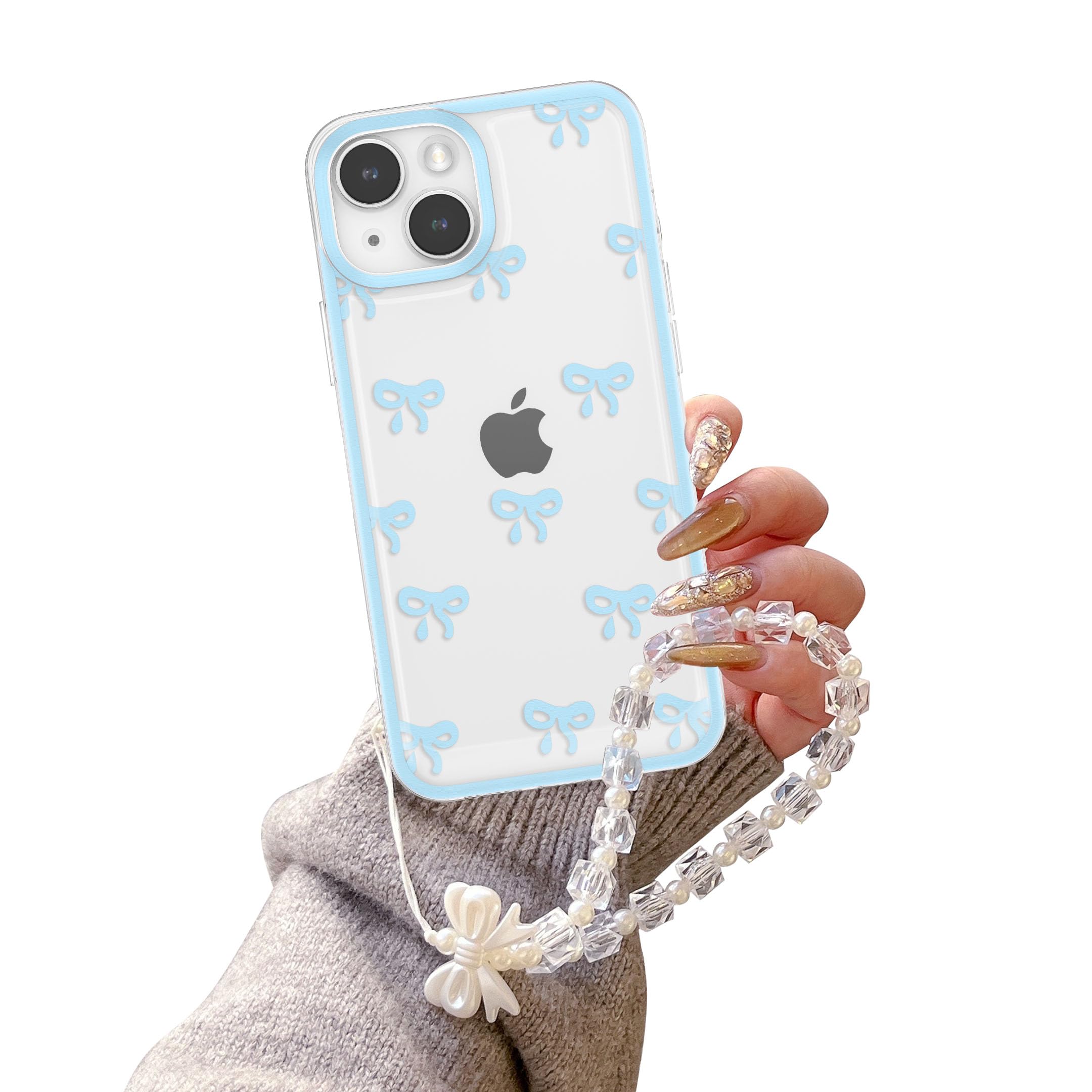 EYZUTAK Case for iPhone 15, Clear Cute Ribbon Bowknot Aesthetic Phone Case with Charm Bracelet Chain Raised Camera Protection Stylish Soft Durable TPU