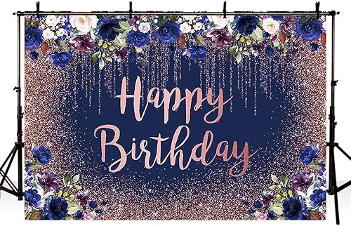 Miniatura 4 de Sendy Telón de fondo de cumpleaños de color oro rosa y azul marino de 8 x 6 pies para niñas y mujeres, fondo de fotografía de feliz cumpleaños, azul