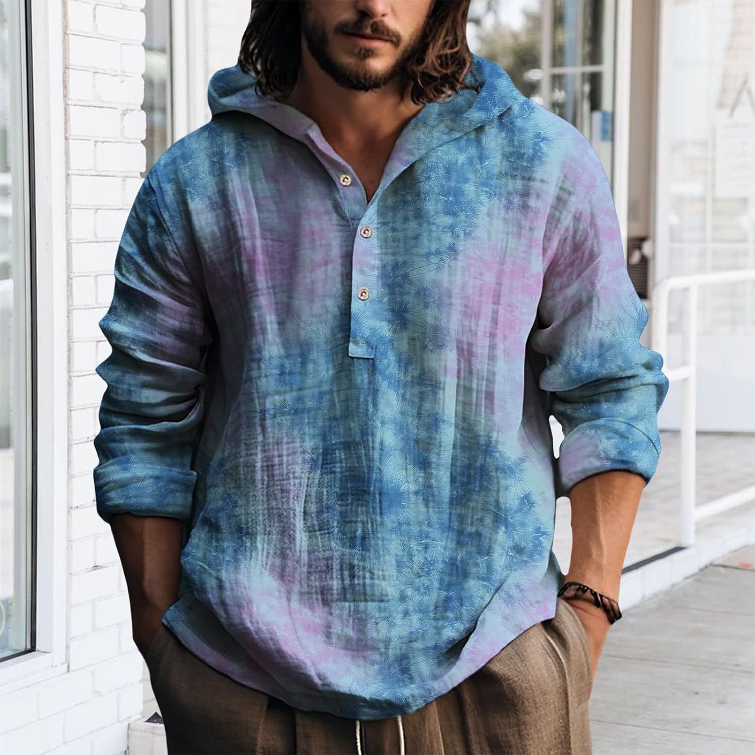 Mens Hooded Tie Dye Button Up Shirt Long Sleeve Casual Pullover Top Relaxed Fit Beach Vacation Streetwear - Image 3