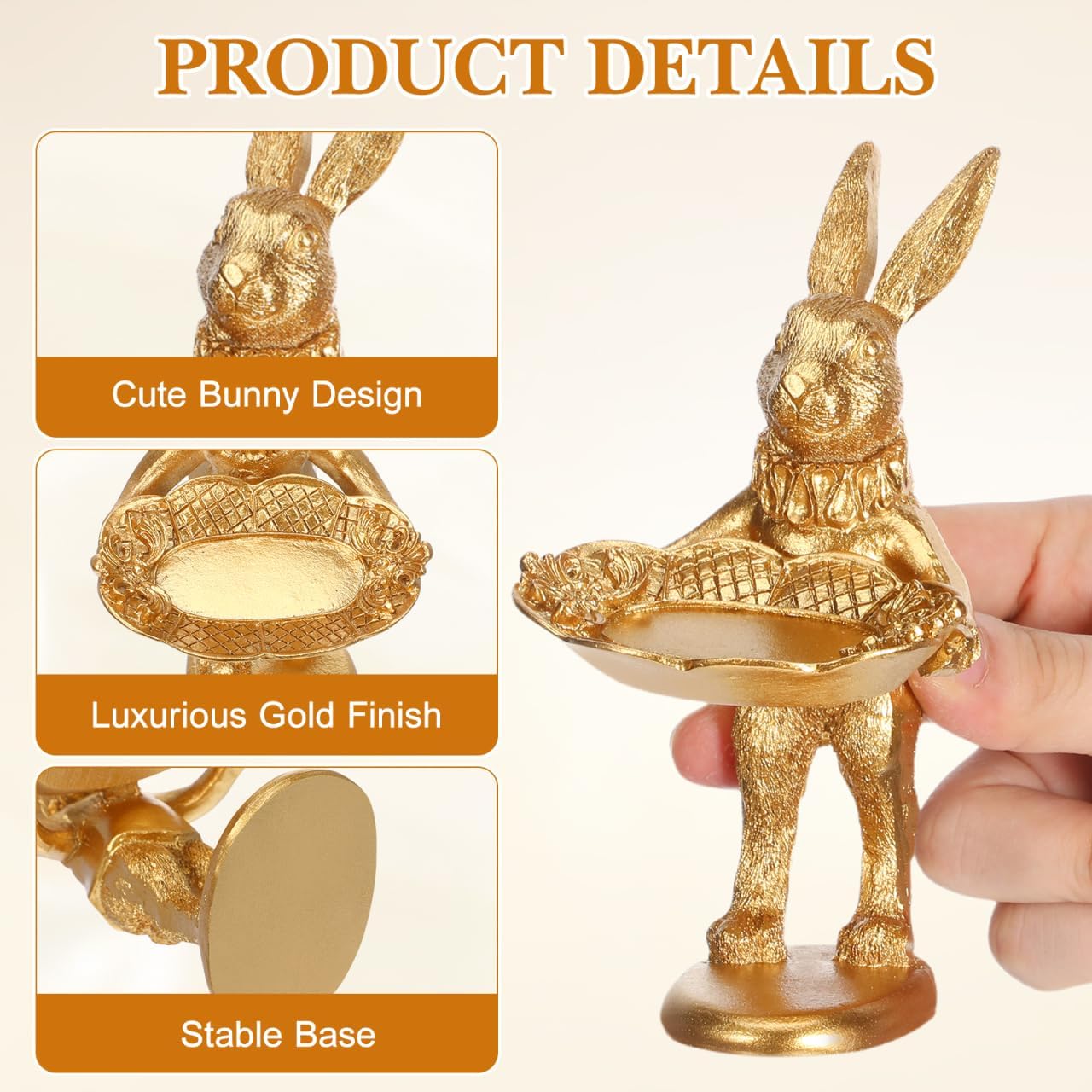DOITOOL Gold Bunny Decor Ring Holder Jewelry Tray, Retro Rabbit Figurine Trinket Dish for Nightstand Decor, Standing Easter Bunny Statue for Desktop Ornaments Photo Props Boutiques Display