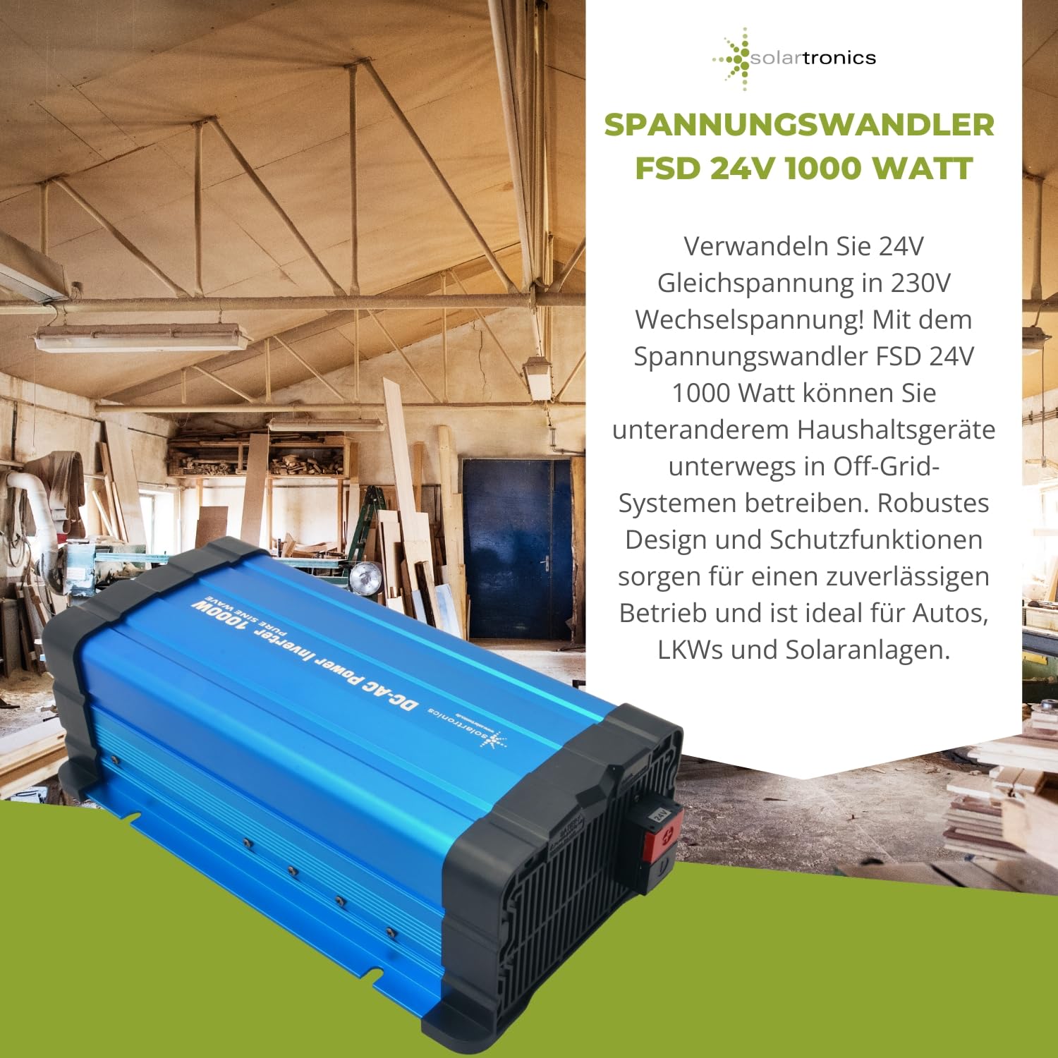 Solartronics FS1000D - Convertidor de tensión 24 V 230 V 1000 W con Pantalla – Onda sinusoidal Pura 24 V Arriba para Ruedas y caravanas – 2000 W Spitzenleistung – Silvestre & conexión USB