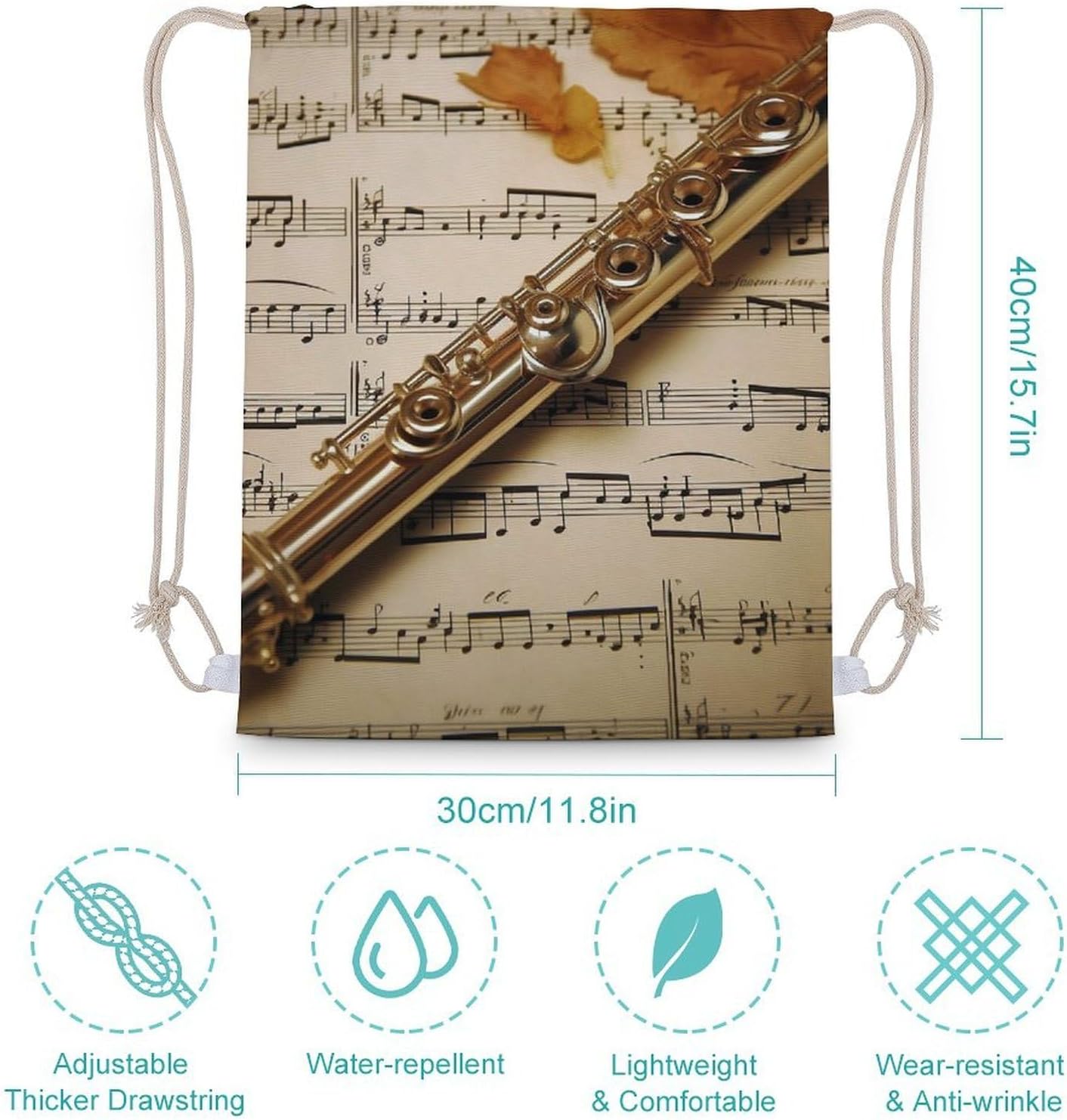 Canvas Drawstring Flute Music Backpack for Gym, Personalized Sport Pack Bags 30x40cm for Travel, Shopping image 2