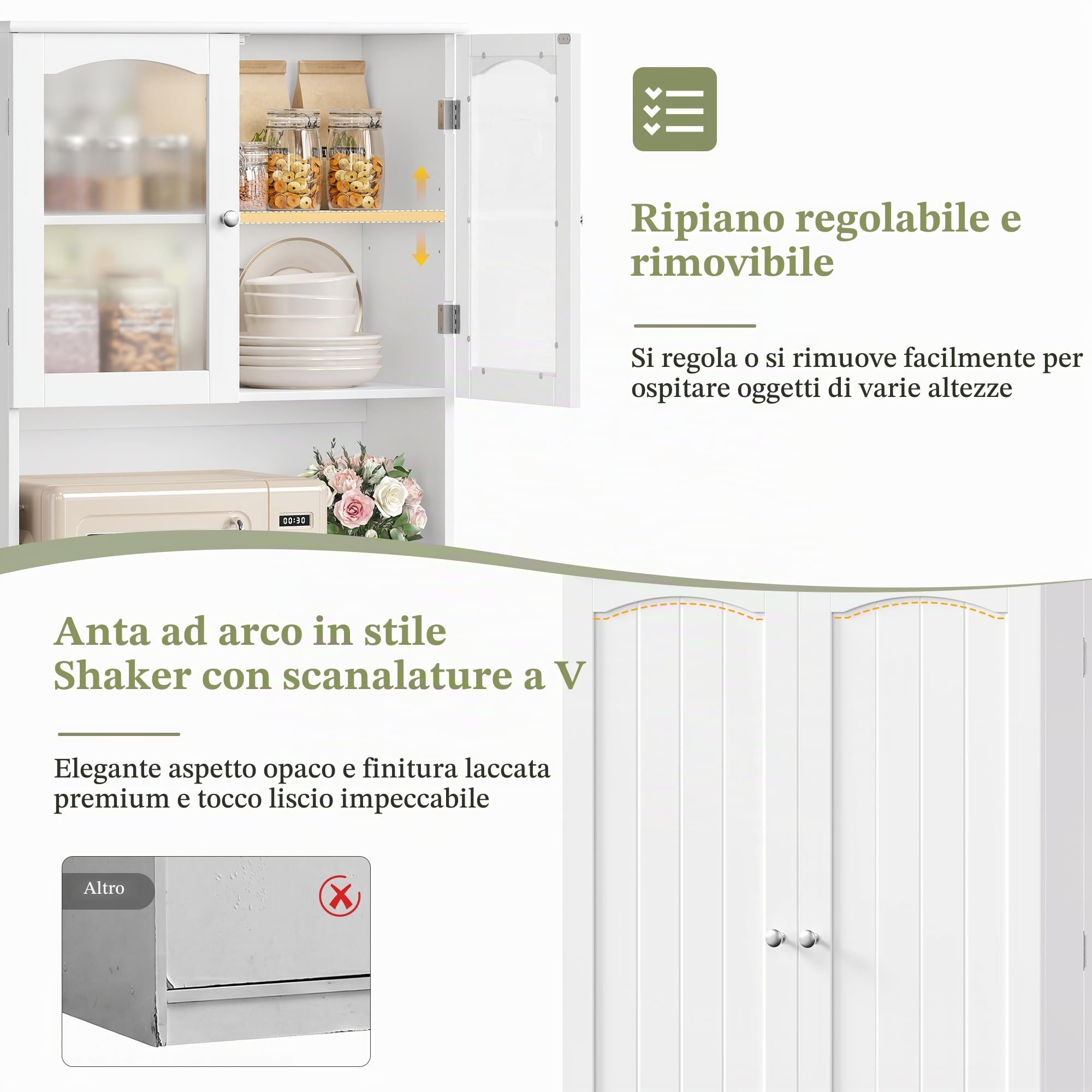 Credenza Cucina Alta, Mobile Cucina con Scaffali Portaspezie Bianco | Mobile Dispensa Cucina con 3 Ripiani Regolabili, Salvaspazio, piano di lavoro, 8 Scomparti e 4 Ante, per Cucina, Soggiorno
