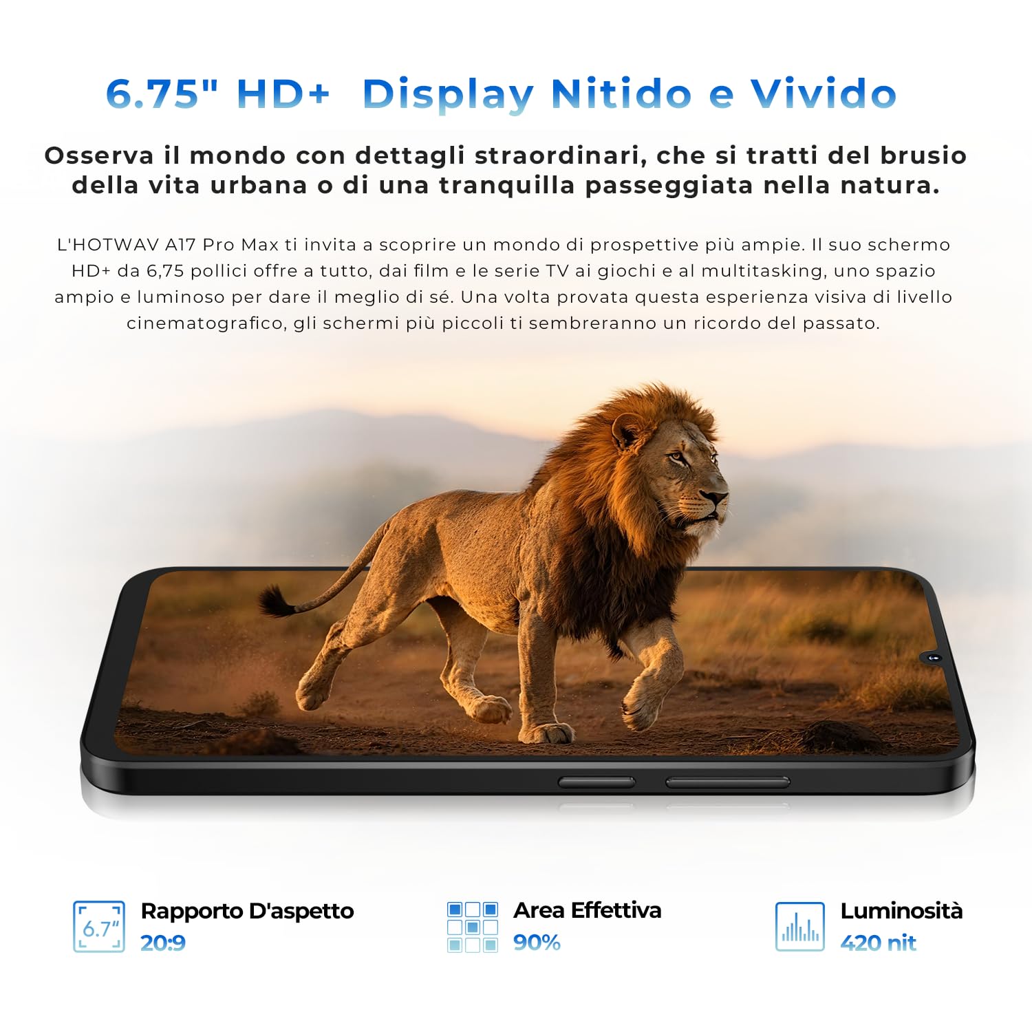HOTWAV A17 Pro Max Smartphone Android 15, 16GB+256GB/TF TB Telefono Cellulare, 5160mAh Cellulare, 6.75 Pollici Telefoni, 13MP+5MP Camera, Dual SIM 4G Telefono/1080P/GPS/Face ID/Fingerprint - Argento | Batteria a lunga durata, fotocamera 13 MP di stoccaggi