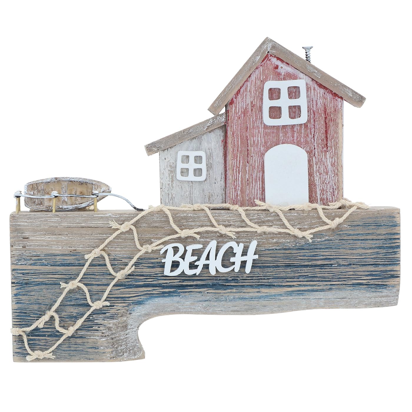 Shudehill Giftware Neutral, Earthy Tones Sandy Bay Hanging Plaque Ornament Decoration - Beach Rustic Themed Design With Lighthouse And Beach Huts (Two Houses)