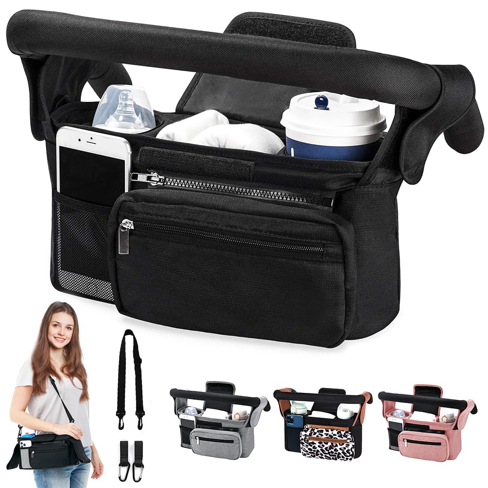 Organiseur de poussette pour bébé avec 2 porte-gobelets, organisateur de poussette avec bandoulière et 2 crochets sécurisés, accessoires de poussette avec poche zippée (noir)