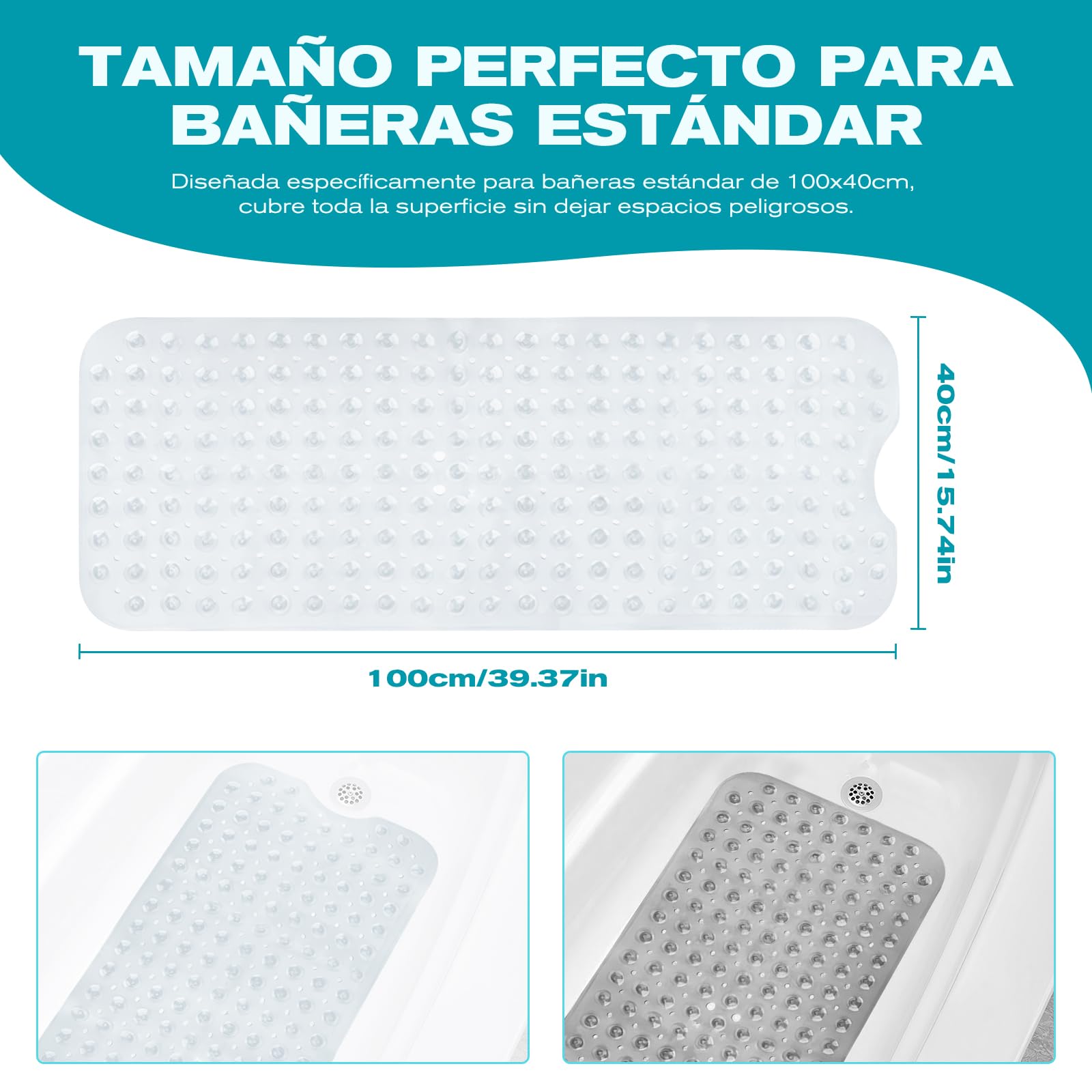 Alfombra Antideslizante para Bañera y Ducha 100x40cm, 200 Ventosas Ultra-Fuertes, Material Suave Antibacterial, Lavable a Máquina, Color Anti-Manchas, Seguridad Familiar (Transparente)