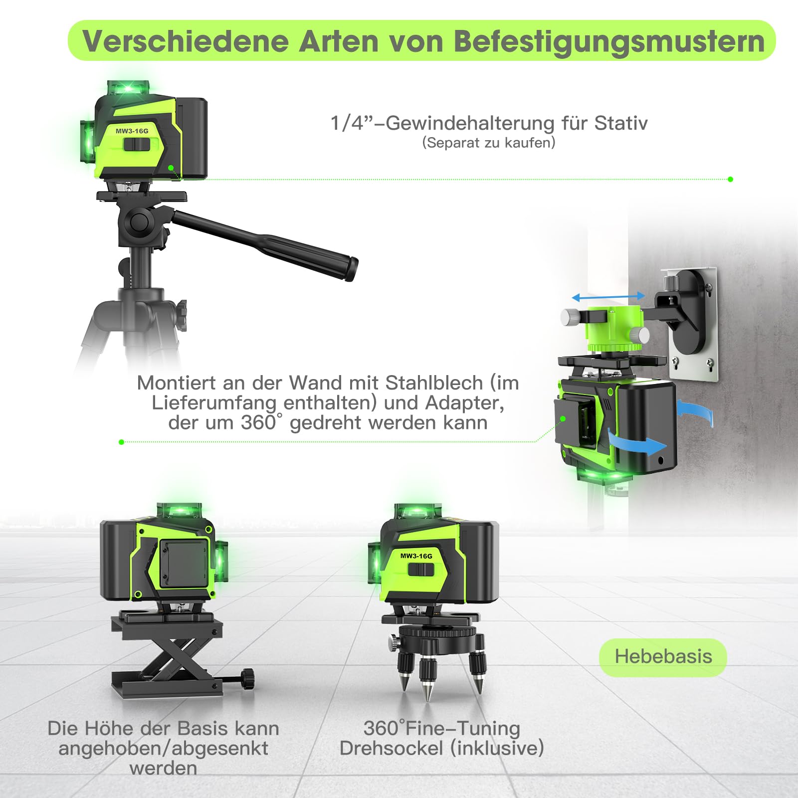 Kreuzlinienlaser Grün 16 Linien Nivellierlaser mit Stativ, 4 x 360 ° Laser Wasserwaage, Linienlaser Kreuzlaser Selbstnivellierend für Innenbereich Baustelle, 2 x Batterie Vermessungskabine