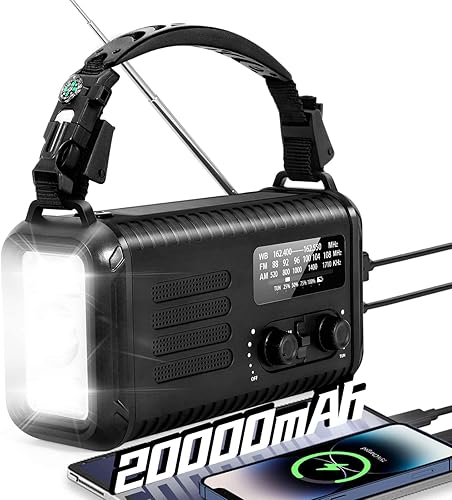 Miniatura 10 de Radio de emergencia de manivela, radio meteorológica de 20000 mAh / 74000 mWh con manivela solar, NOAA/AM/FM, radio alimentada por batería con