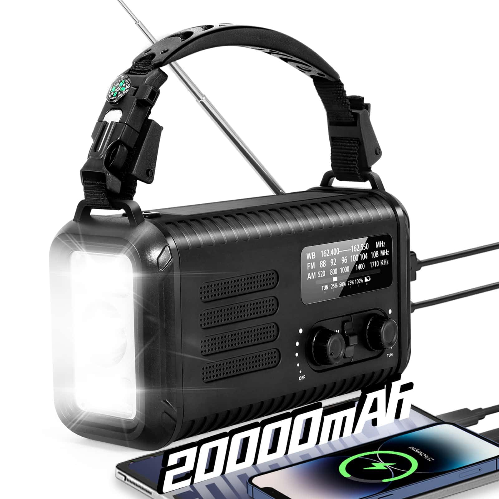 Emergency Crank Radio, 20000mAh / 74000mWh Solar Hand Crank Weather Radio with NOAA/AM/FM, Battery Powered Radio with Cell Phone Charger, Reading Lamp, Flashlight & SOS for Emergencies/Home (Black)