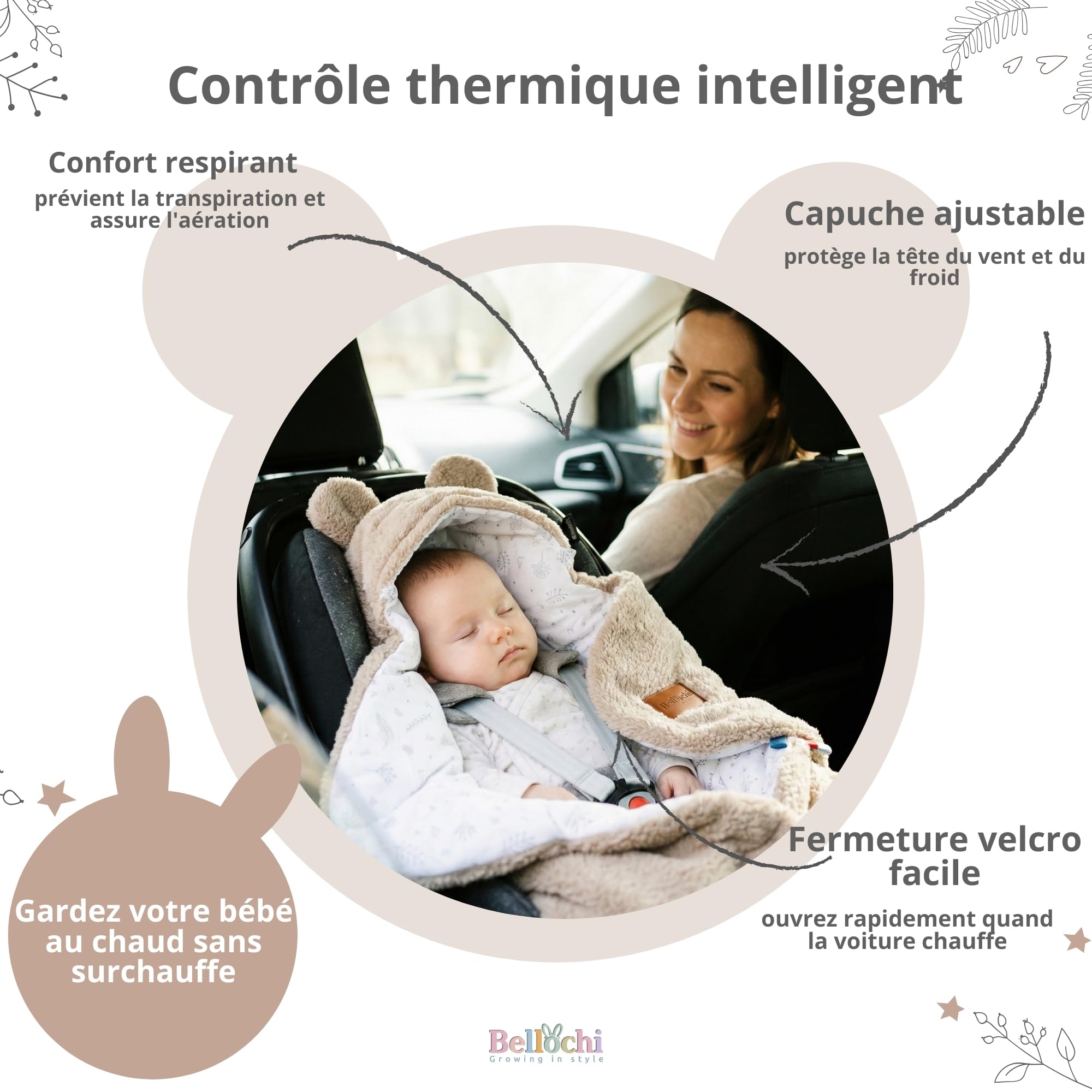 BELLOCHI couverture emmaillotable bébé - Marron - couverture poussette-siège auto - 90x90 cm - coton doux Oeko-TEX