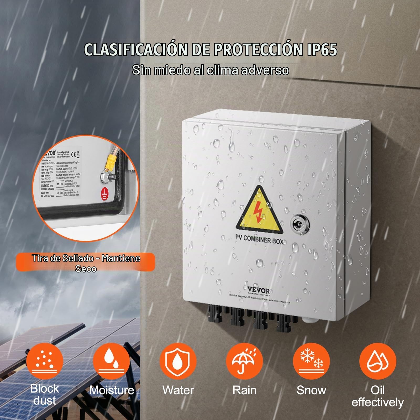 VEVOR Caja Combinadora Fotovoltaica, 4 Cuerdas, Caja Combinadora Solar con Fusible de Corriente Nominal de 15 A Conector Solar, Caja de Acero para Sistema de Panel Solar de Red de Encendido, Apagado