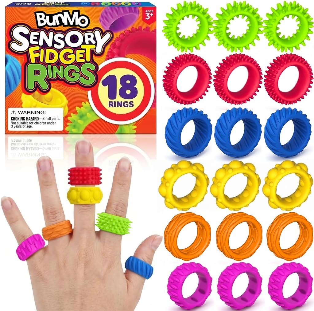 BunMo Fidget Rings – Sensory Rings for Kids, 18 Pack Silicone Ring Fidget Set with 6 Textures – Colorful Fidget Ring for Kids, Ring Fidget Toys for Classroom, Travel & Play – Ages 3+