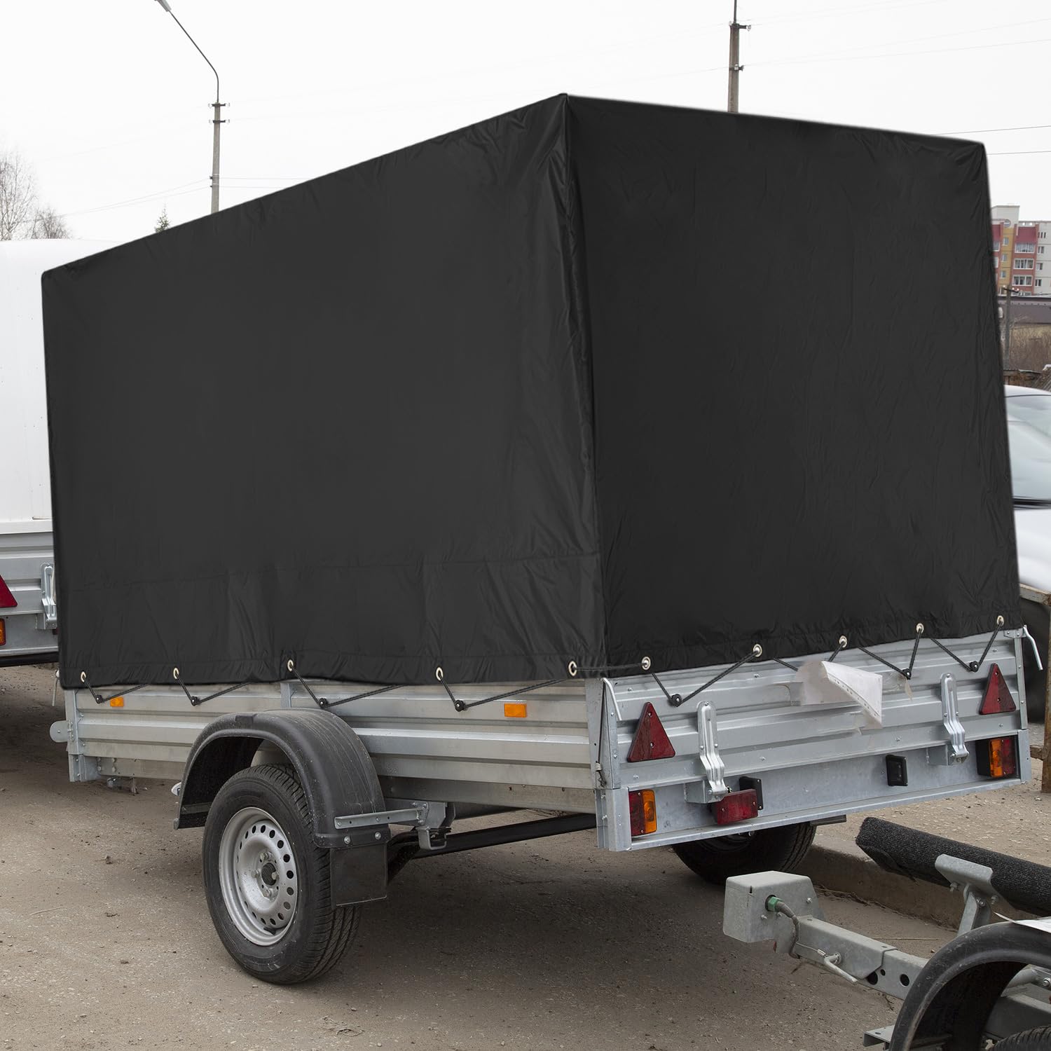 QWORK® Lona per Remolque Plana con Cuerda de Lona 210x114x90 cm, Material de PVC 420D,para Remolque de automóvil 750 kg (Negro)