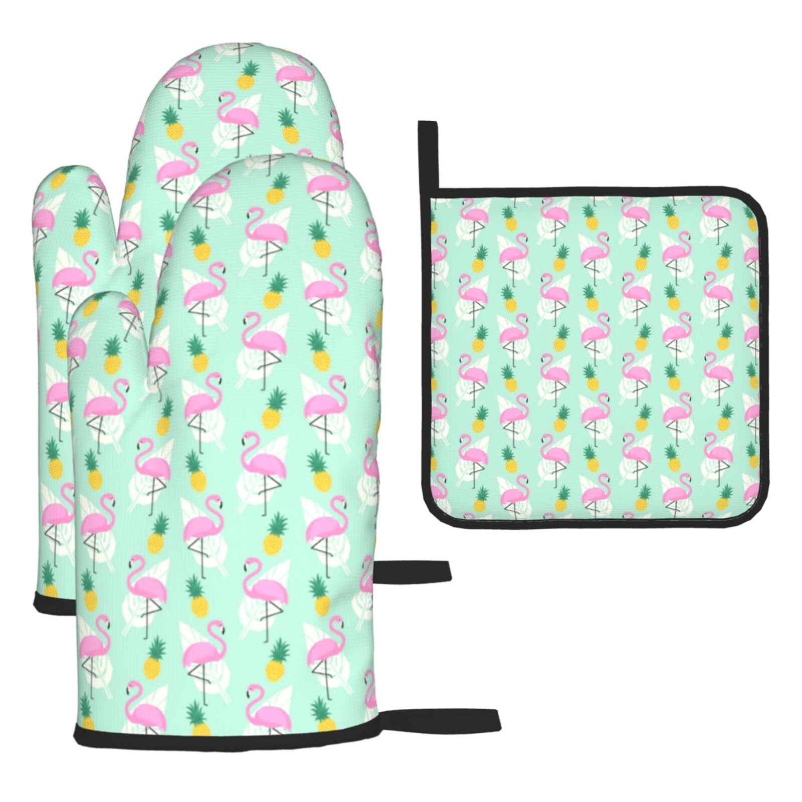 Red Flamingo Pineapples Print Oven Set Kitchen Gloves Baking Grilling Microwaving Cooking Gift Everyday Holiday