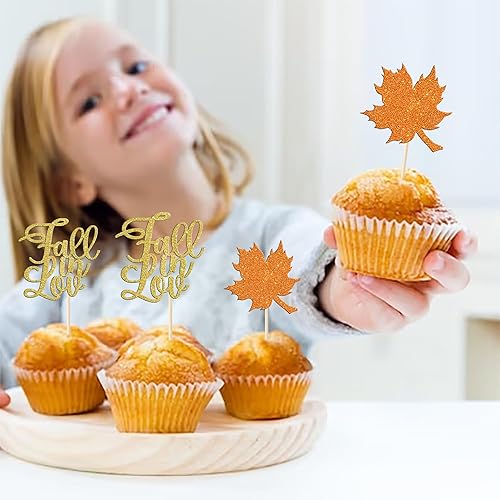 Miniatura 4 de Paquete de 24 adornos para cupcakes con purpurina de otoño de hojas de arce de otoño, palillos para cupcakes, decoración de pasteles para despedida