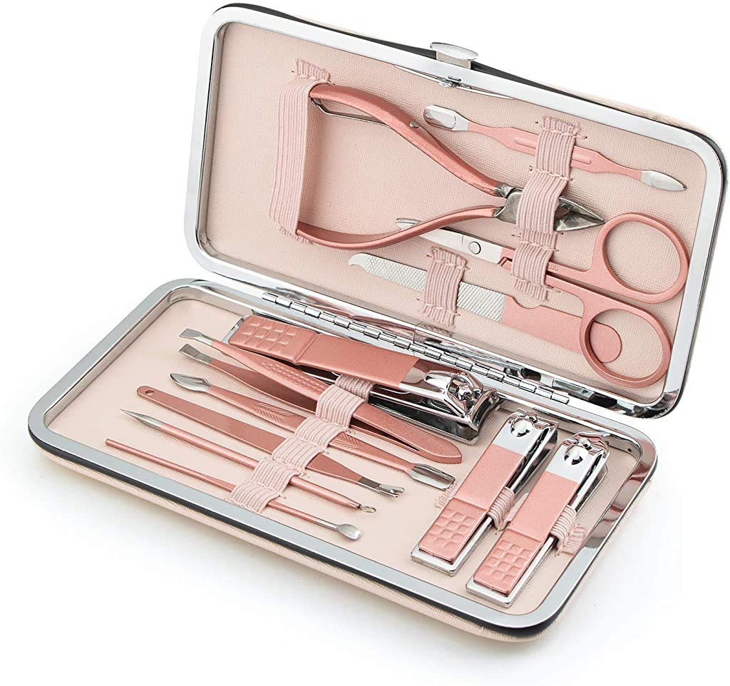 Manicure Set,Pedicure Kit Nail Scissors Stainless Steel Professional Toenails Cuticle Cutter Clipper Fingernails Grooming Kit with Pink Leather Travel Case (12pcs Pink)