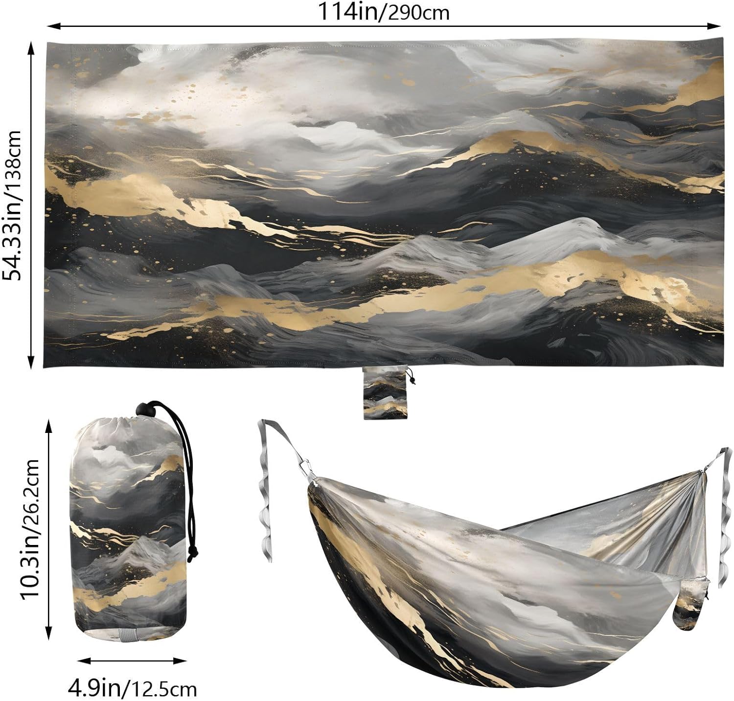 ALAZA Black & Gold Marble Mountain Camping Hammocks Single or 2 Person 500 lbs Portable Parachute Travel Hammock w/Tree Straps for Hiking Backpacking Indoor Outdoor