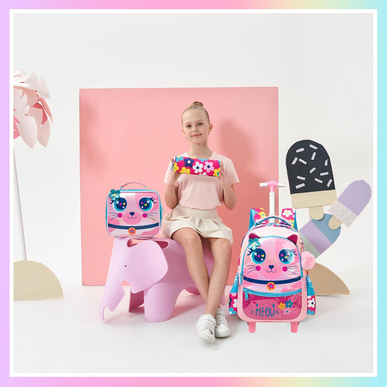 Meetbelify Rolling Backpack for Girls Backpacks with Wheels for Elementary Preschool Students Kids 3 in 1 Travel Luggage Carry on Suitcase with Lunch Box Pencil Case for Girls Age 8-10 - Image 7