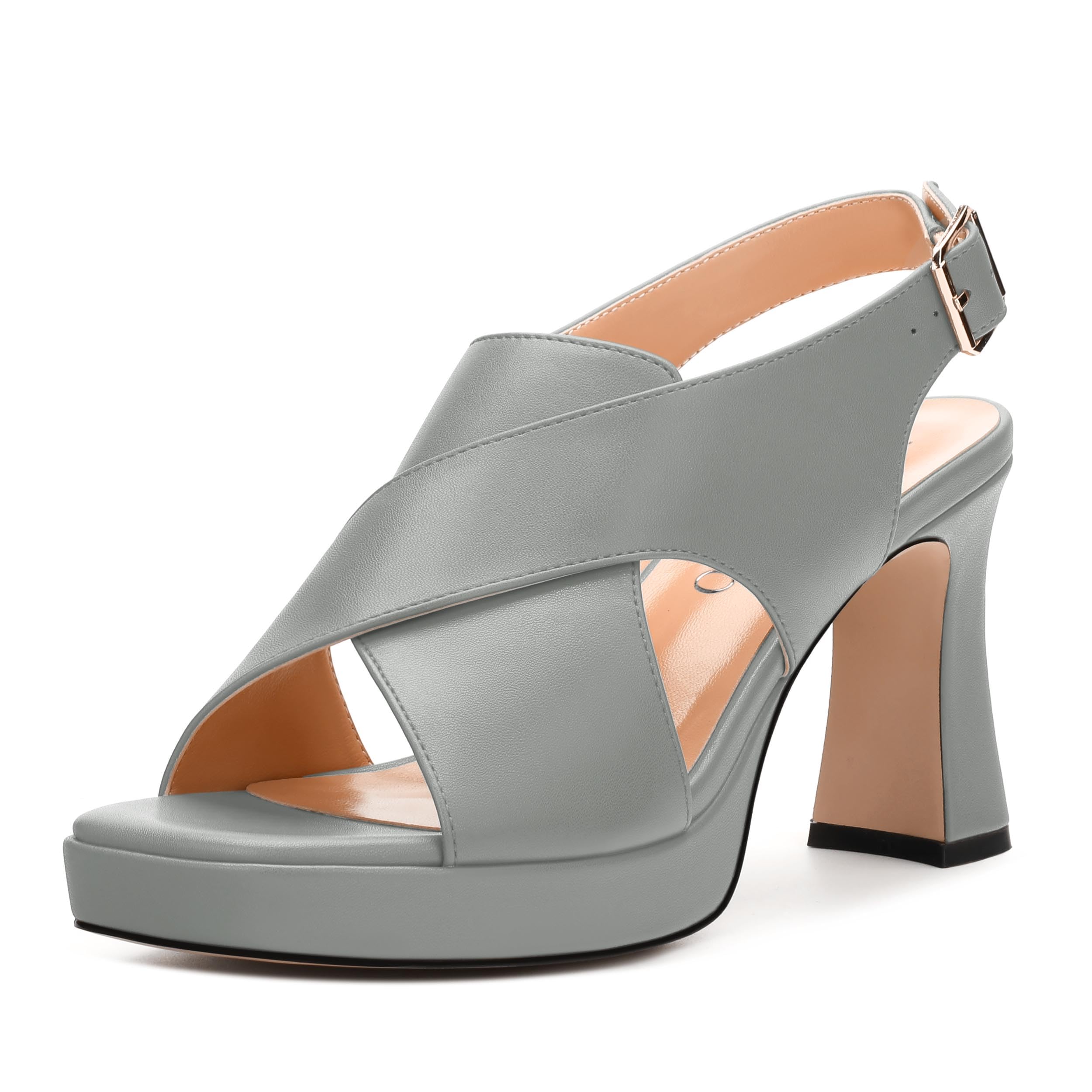 RLYGHWAO Platform Sandals, Buckle Slingback High Heels for Women, Square Open Toe Fashion Solid Block Heeled Sandal