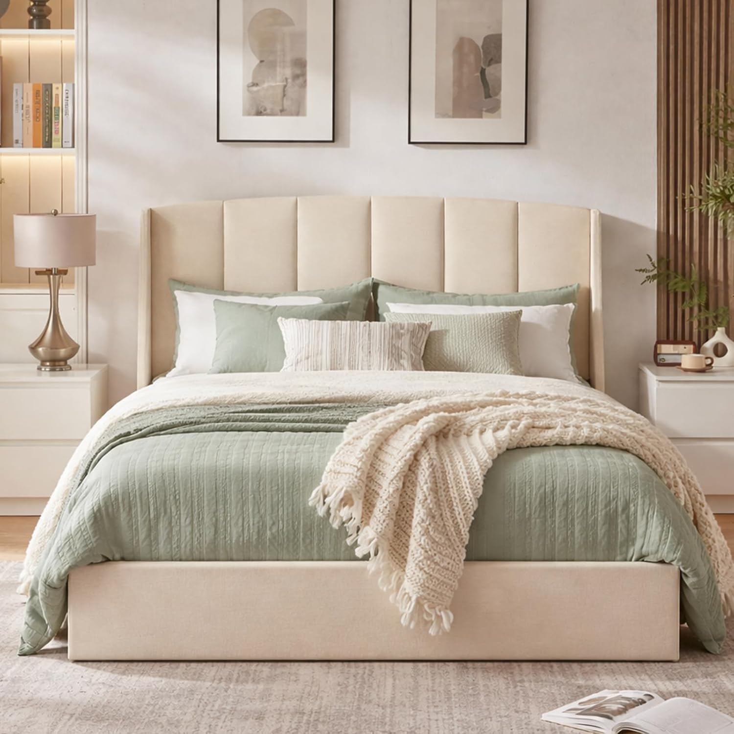VELOCAVA King Size Lift Up Storage Bed, Soft Upholstered Beds with Hydraulic Mechanism, Modern Wingback Headboard with Vertical Channel Design, Wooden Slat Support, Easy Assembly, Beige