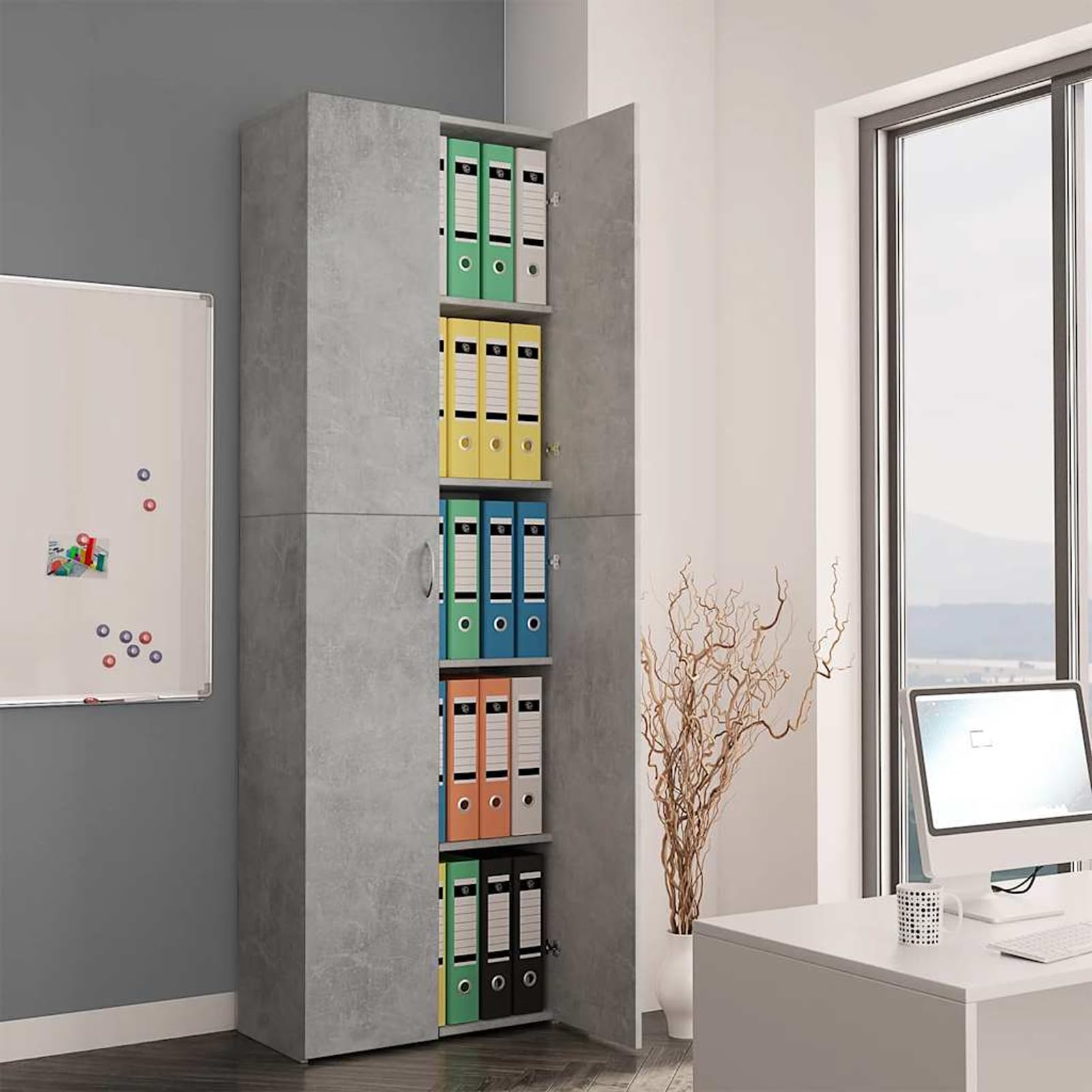 Armadio da ufficio, 60 x 32 x 190 cm, con 5 scomparti e 2 ante, grigio cemento, materiale in legno, per ufficio, casa e studio