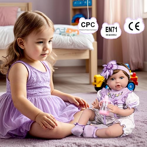 Miniatura 8 de Aori Reborn Baby Dolls - 22 Inch Realistic Lifelike Baby Girl - Handmade Vinyl Reborn Doll with Feeding Set & Purple Outfit Newborn Baby Doll for