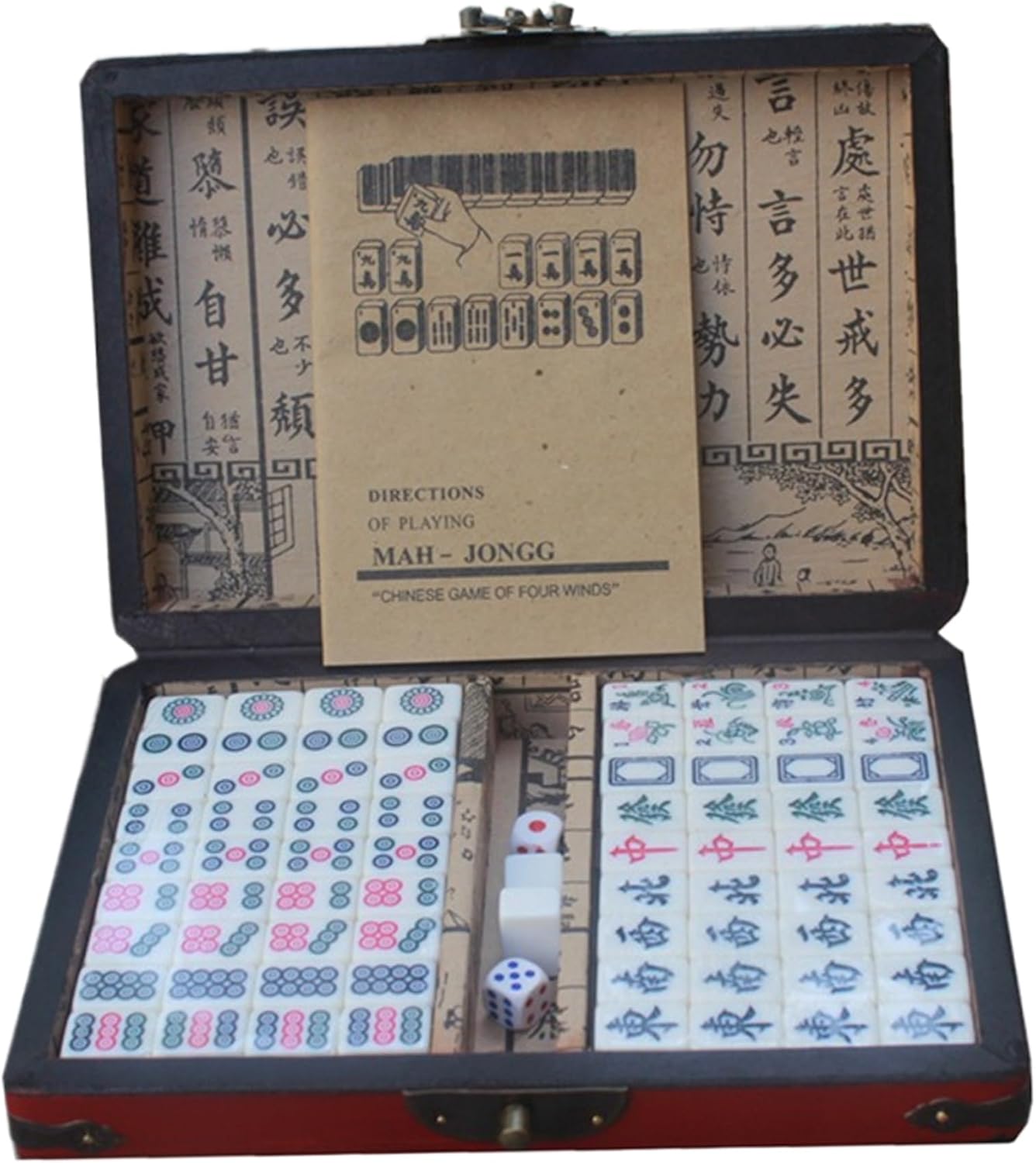 Mahjong Tiles Set, 0.9x0.6x0.5in Antique Chinese Mahjong Game Set Travel with Storage Box, Directions, Dices and Spare Tiles for Each Tile..