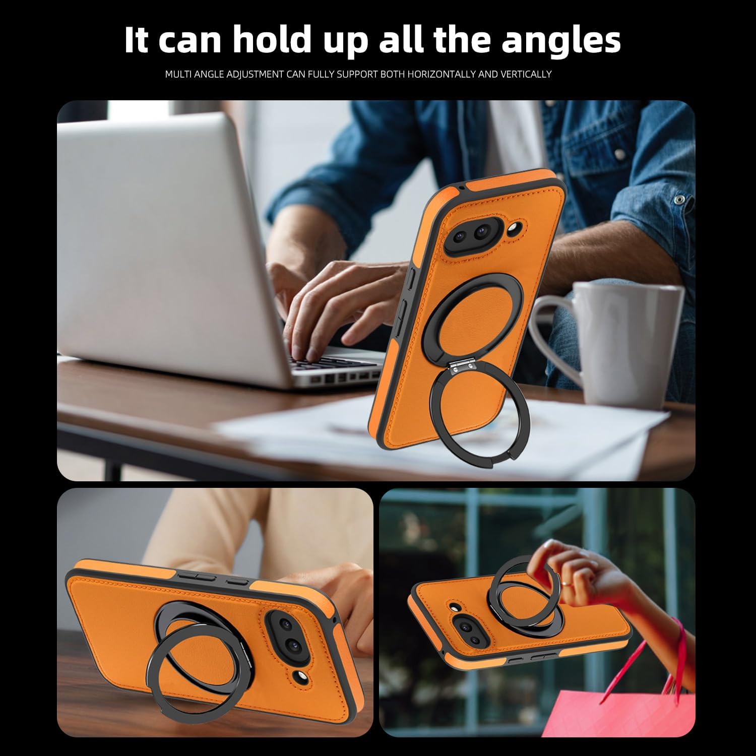 Magnetic for Google Pixel 8 Leather Case with Ring Holder, [Compatible with MagSafe][Military Drop Protection] Reliable Lens & Screen Protection Slim Scratch-Resistant Case, Orange