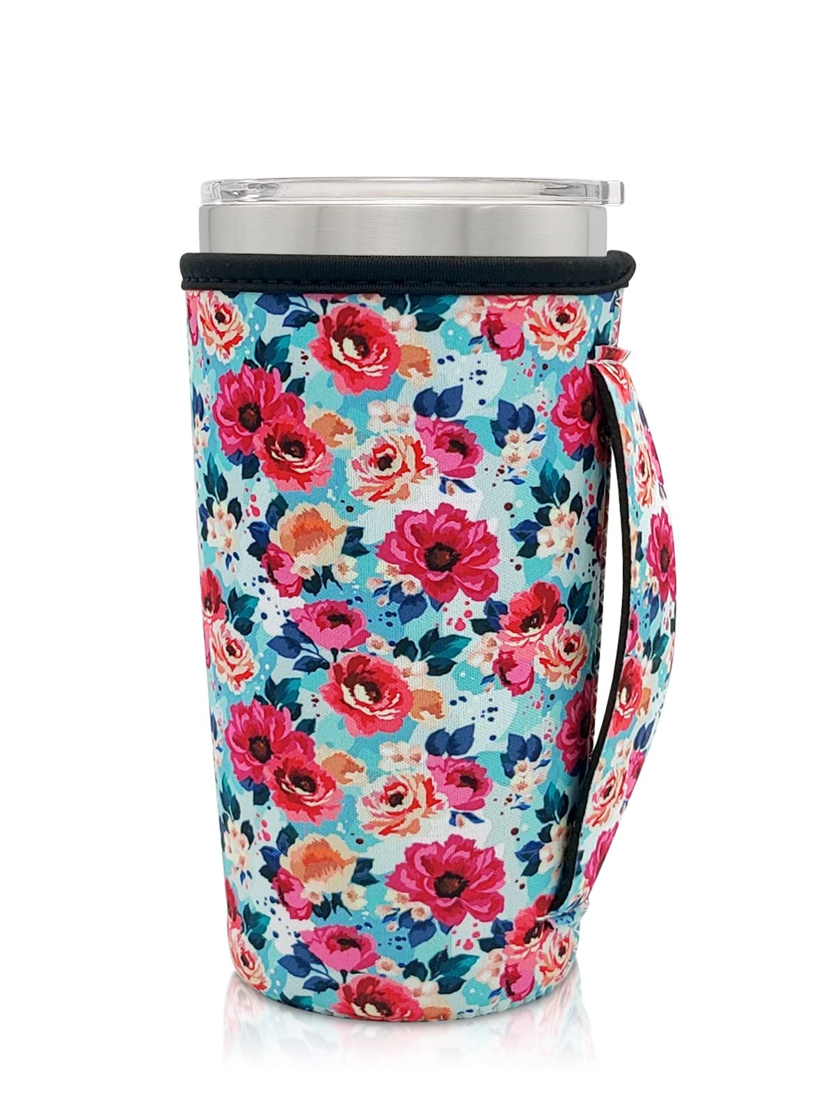 Neoprene Insulated Sleeves Cup Holder with Handle for 20oz Tumbler Cups, Reusable Iced Coffee Sleeve For 30oz - 32oz coffee cups(Flower Printing)